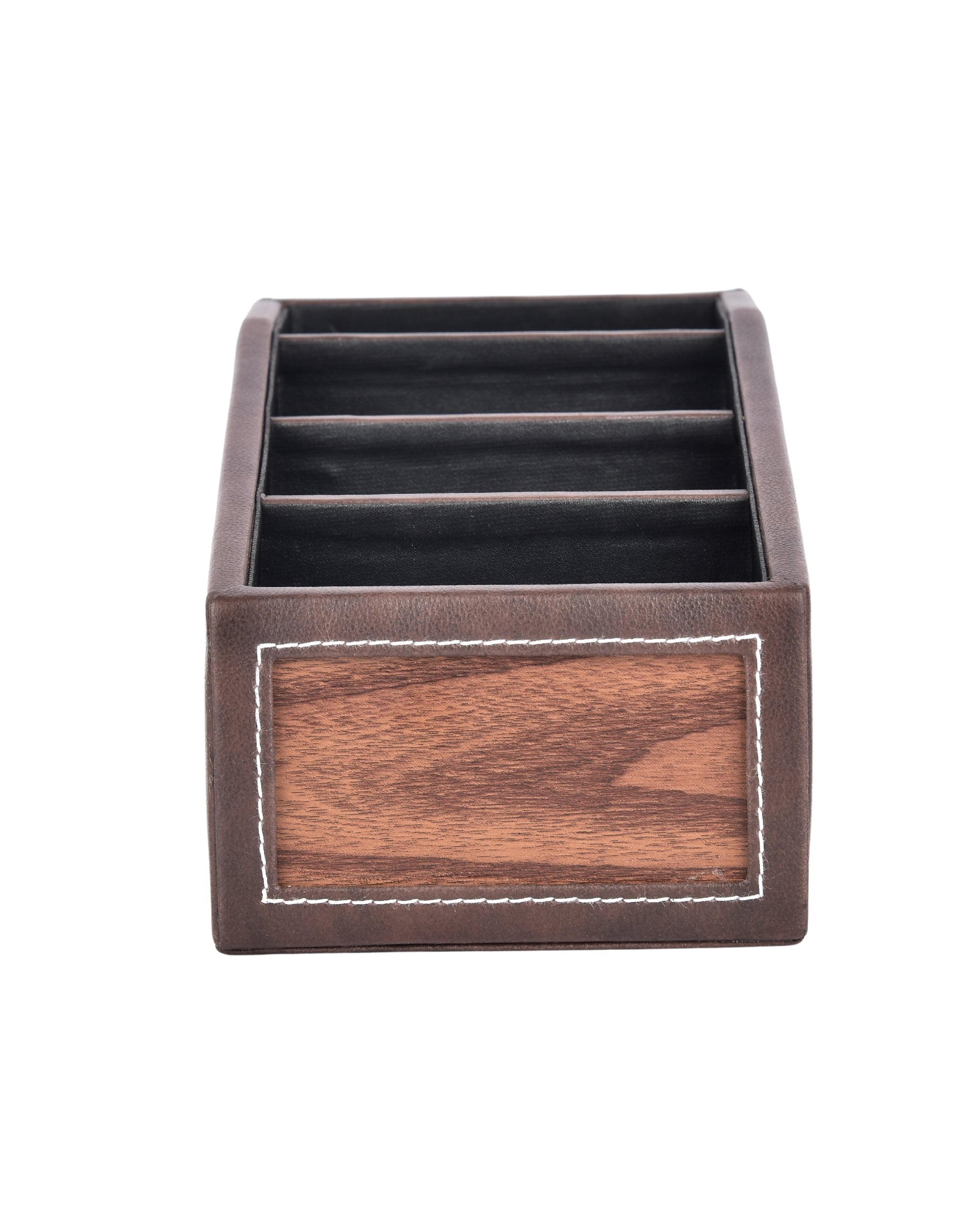 Premsons® Classic Remote Holder – 4 Section Tabletop Organizer in Light Brown | Faux Leather with Refined Wooden Finish | Decorative & Practical Organizer