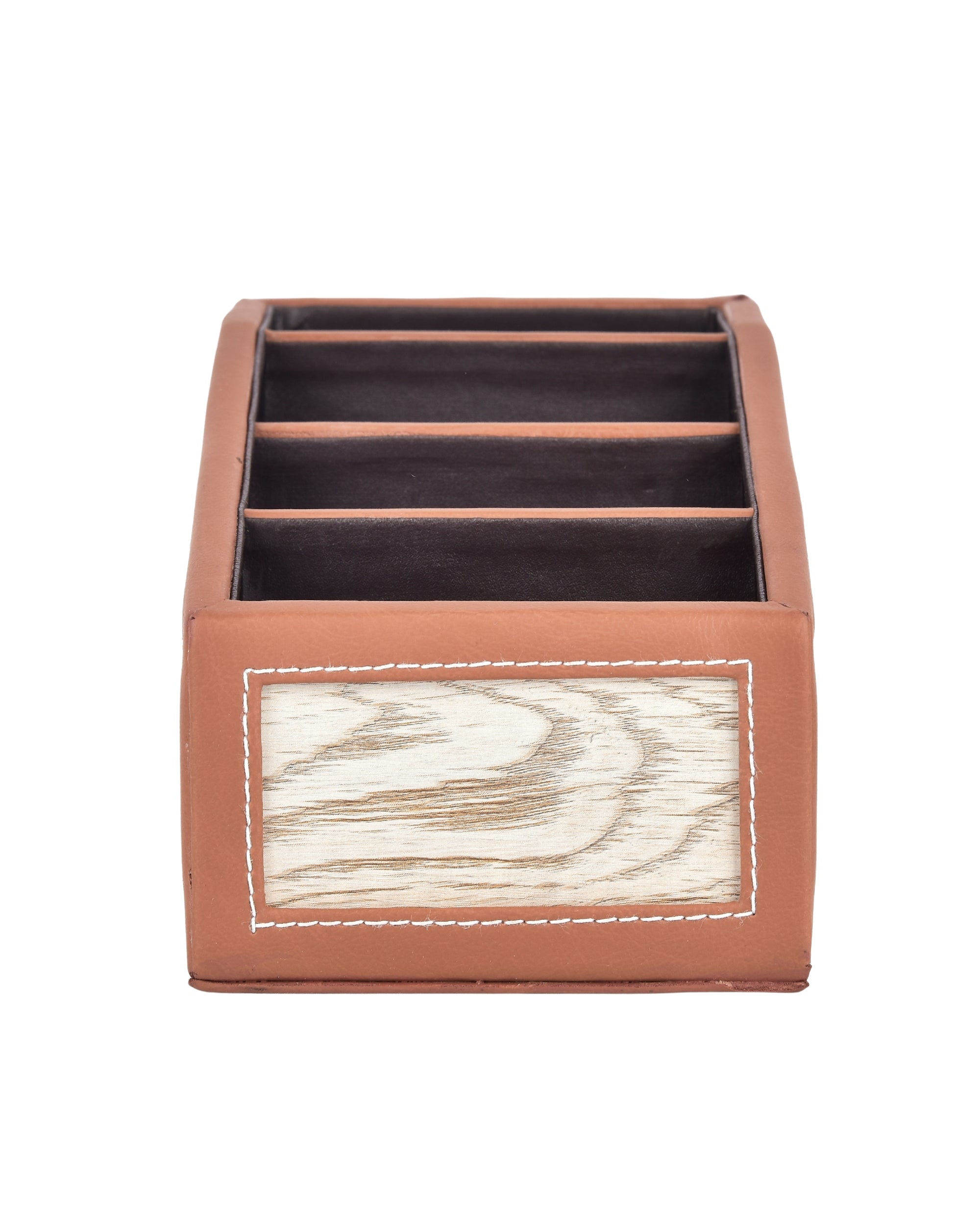 Premsons® Classic Remote Holder – 4 Section Tabletop Organizer in Light Brown | Faux Leather with Refined Wooden Finish | Decorative & Practical Organizer