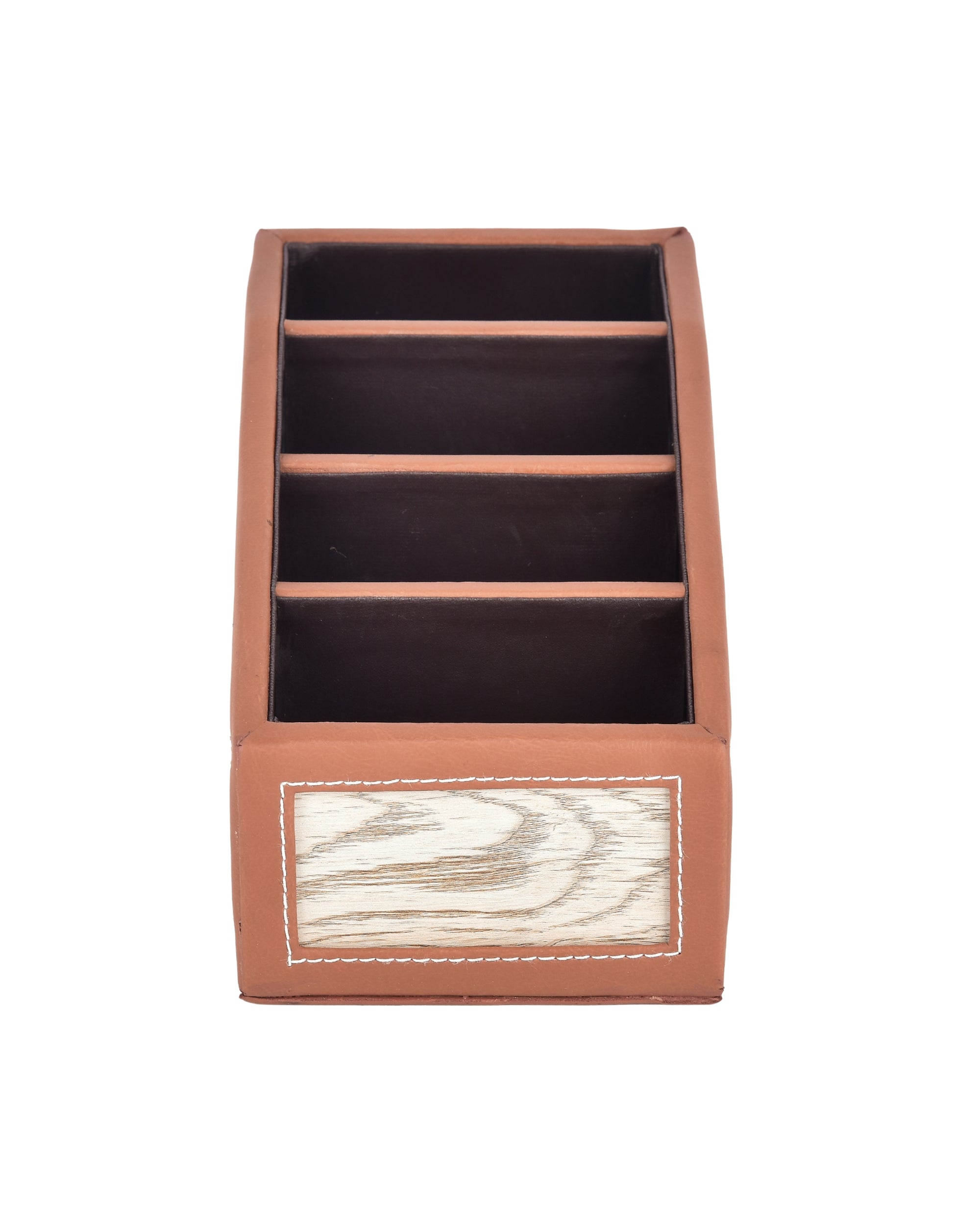 Premsons® Classic Remote Holder – 4 Section Tabletop Organizer in Light Brown | Faux Leather with Refined Wooden Finish | Decorative & Practical Organizer