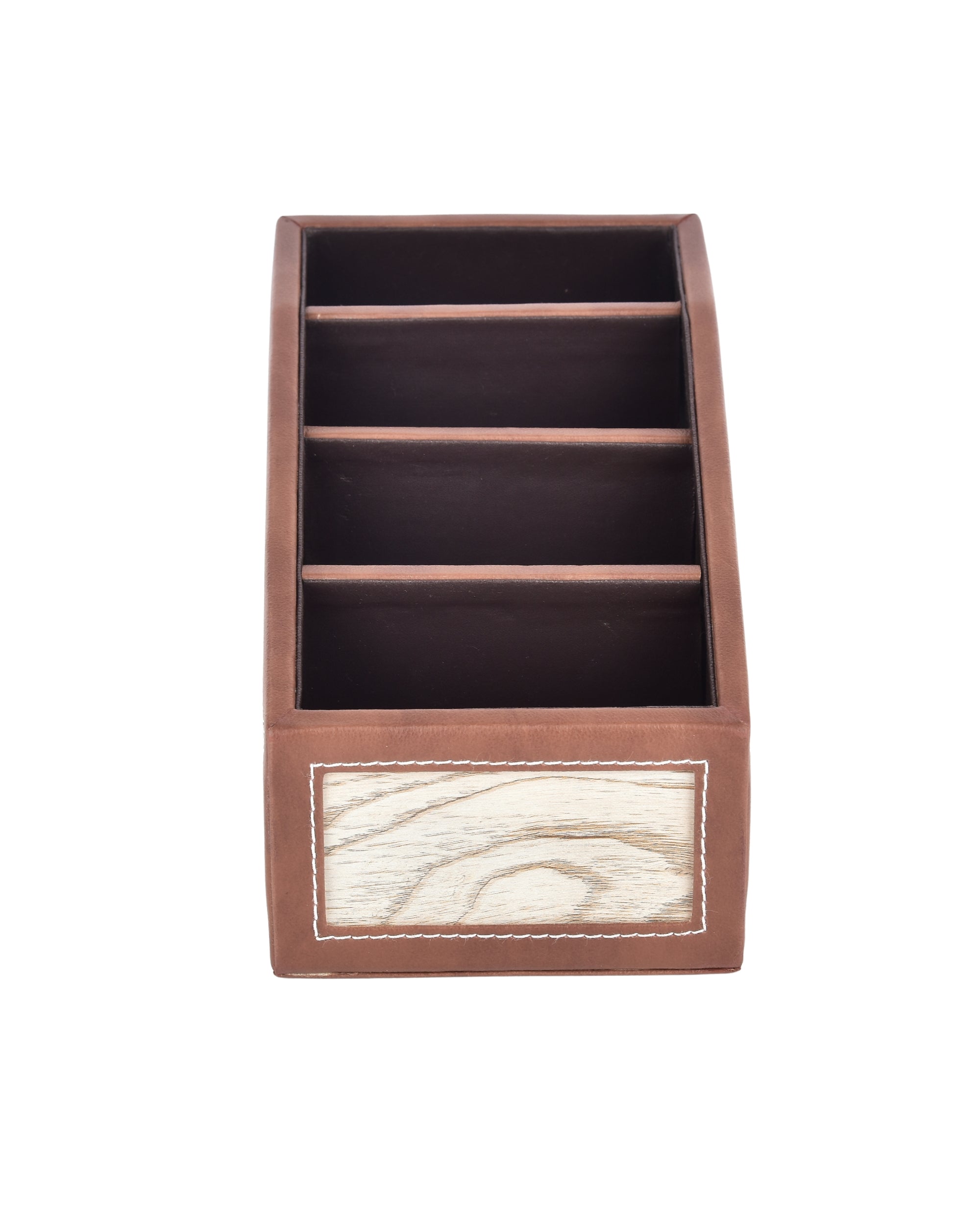 Premsons® Classic Remote Holder – 4 Section Tabletop Organizer in Light Brown | Faux Leather with Refined Wooden Finish | Decorative & Practical Organizer