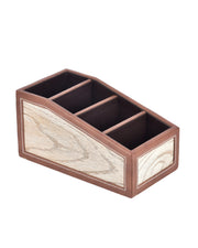 Premsons® Classic Remote Holder – 4 Section Tabletop Organizer in Light Brown | Faux Leather with Refined Wooden Finish | Decorative & Practical Organizer