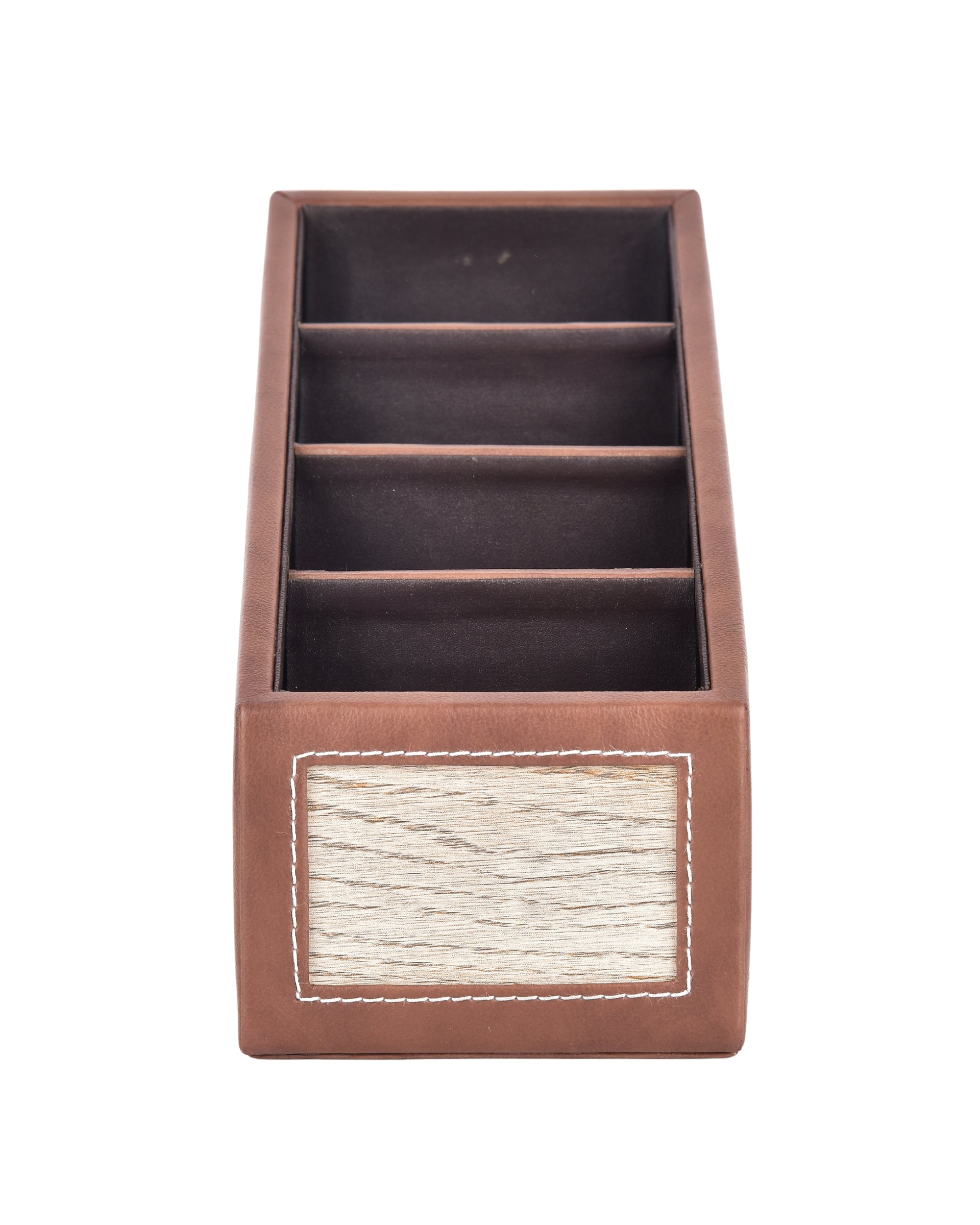 Premsons® Remote Holder Artificial Leather with Wooden Finish – 4 Section Tabletop Organizer for TV, AC & Office Desk Accessories – Compact & Stylish Storage Solution for Home & Office