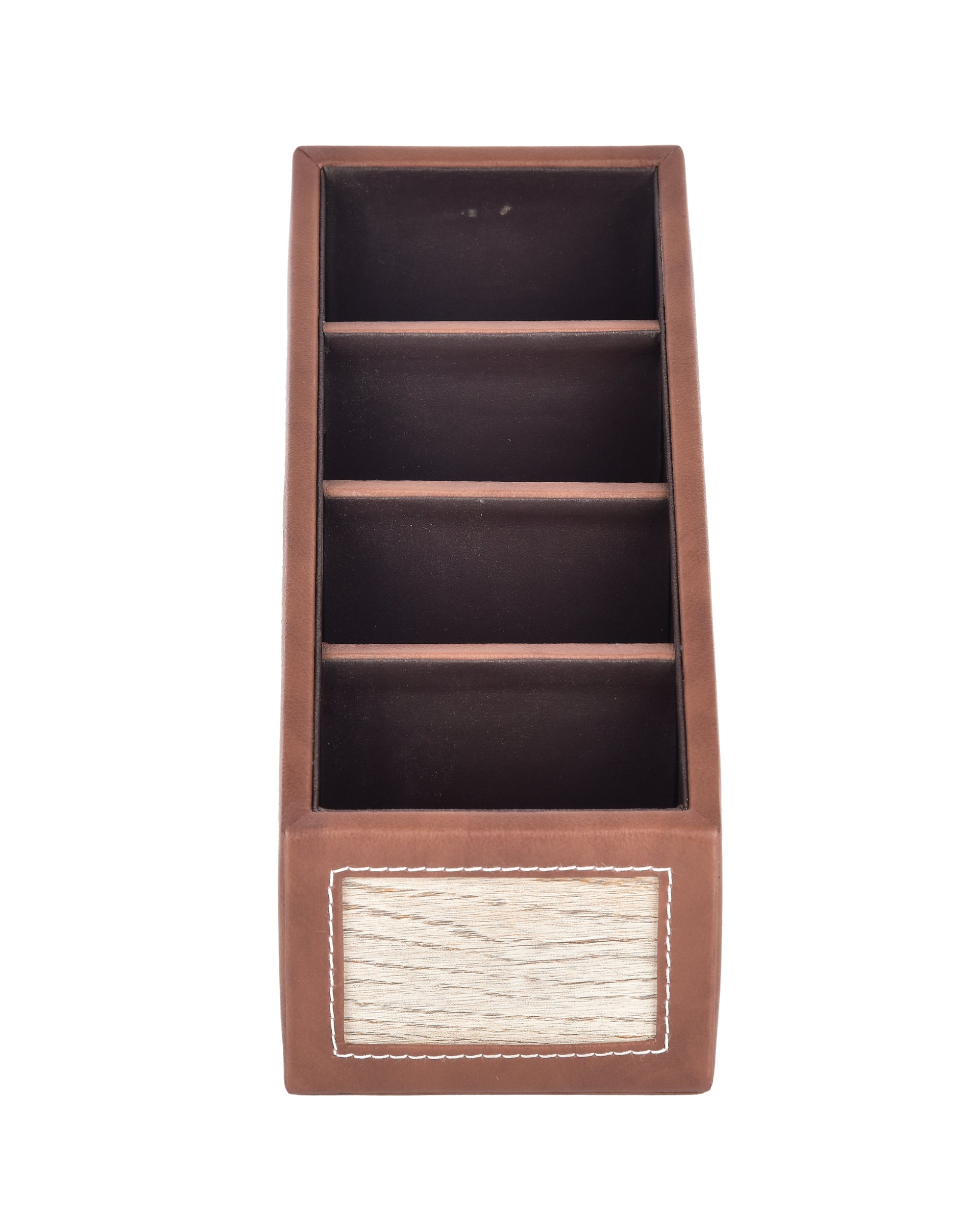 Premsons® Remote Holder Artificial Leather with Wooden Finish – 4 Section Tabletop Organizer for TV, AC & Office Desk Accessories – Compact & Stylish Storage Solution for Home & Office