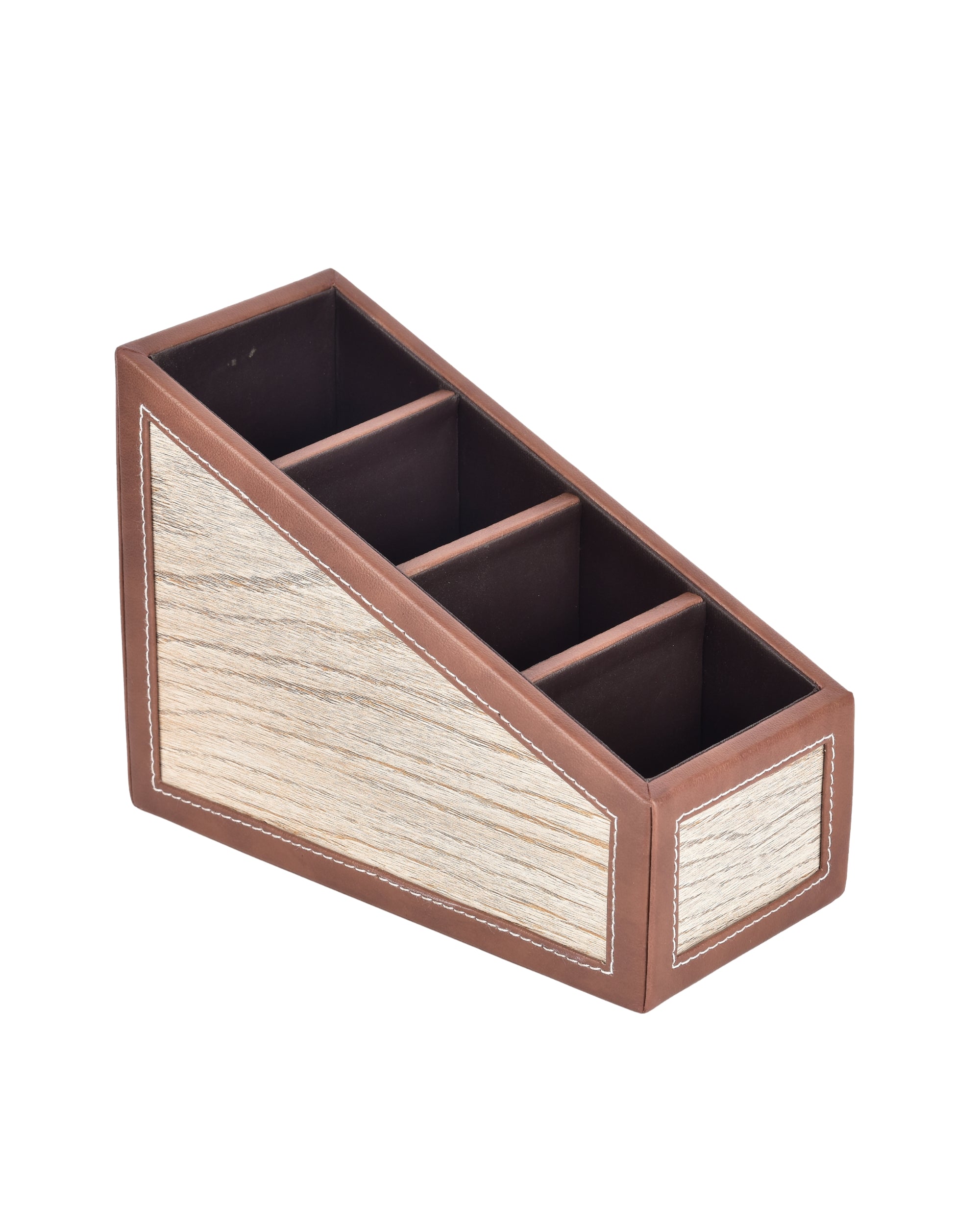 Premsons® Remote Holder Artificial Leather with Wooden Finish – 4 Section Tabletop Organizer for TV, AC & Office Desk Accessories – Compact & Stylish Storage Solution for Home & Office