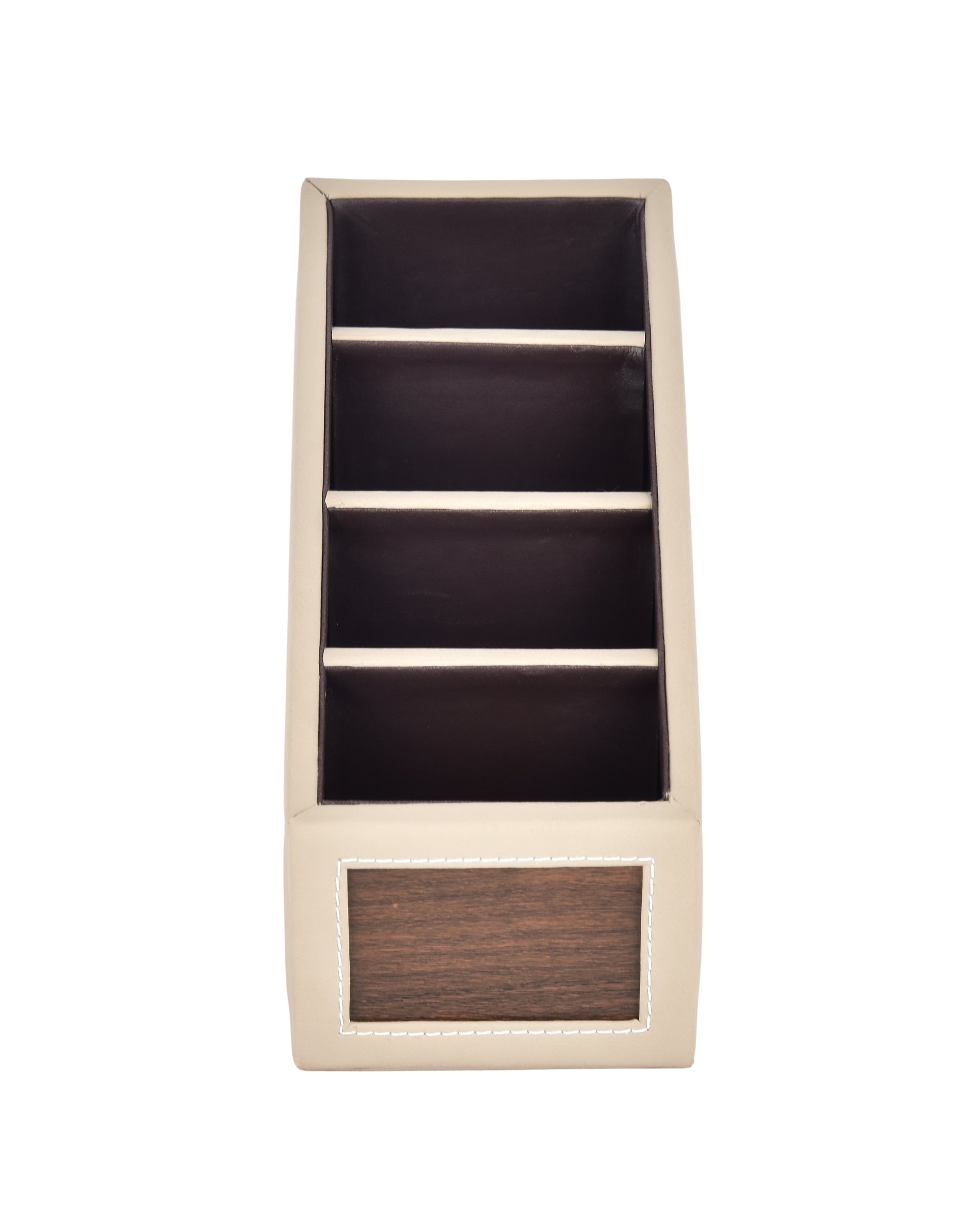 Premsons® Remote Holder Artificial Leather with Wooden Finish – 4 Section Tabletop Organizer for TV, AC & Office Desk Accessories – Compact & Stylish Storage Solution for Home & Office