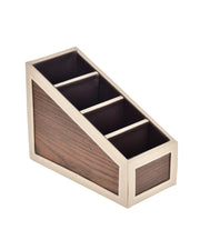 Premsons® Remote Holder Artificial Leather with Wooden Finish – 4 Section Tabletop Organizer for TV, AC & Office Desk Accessories – Compact & Stylish Storage Solution for Home & Office
