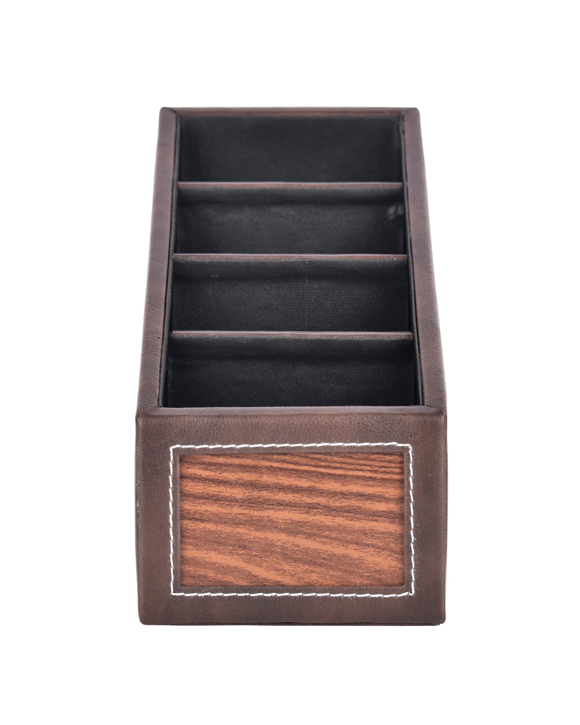 Premsons® Remote Holder Artificial Leather with Wooden Finish – 4 Section Tabletop Organizer for TV, AC & Office Desk Accessories – Compact & Stylish Storage Solution for Home & Office
