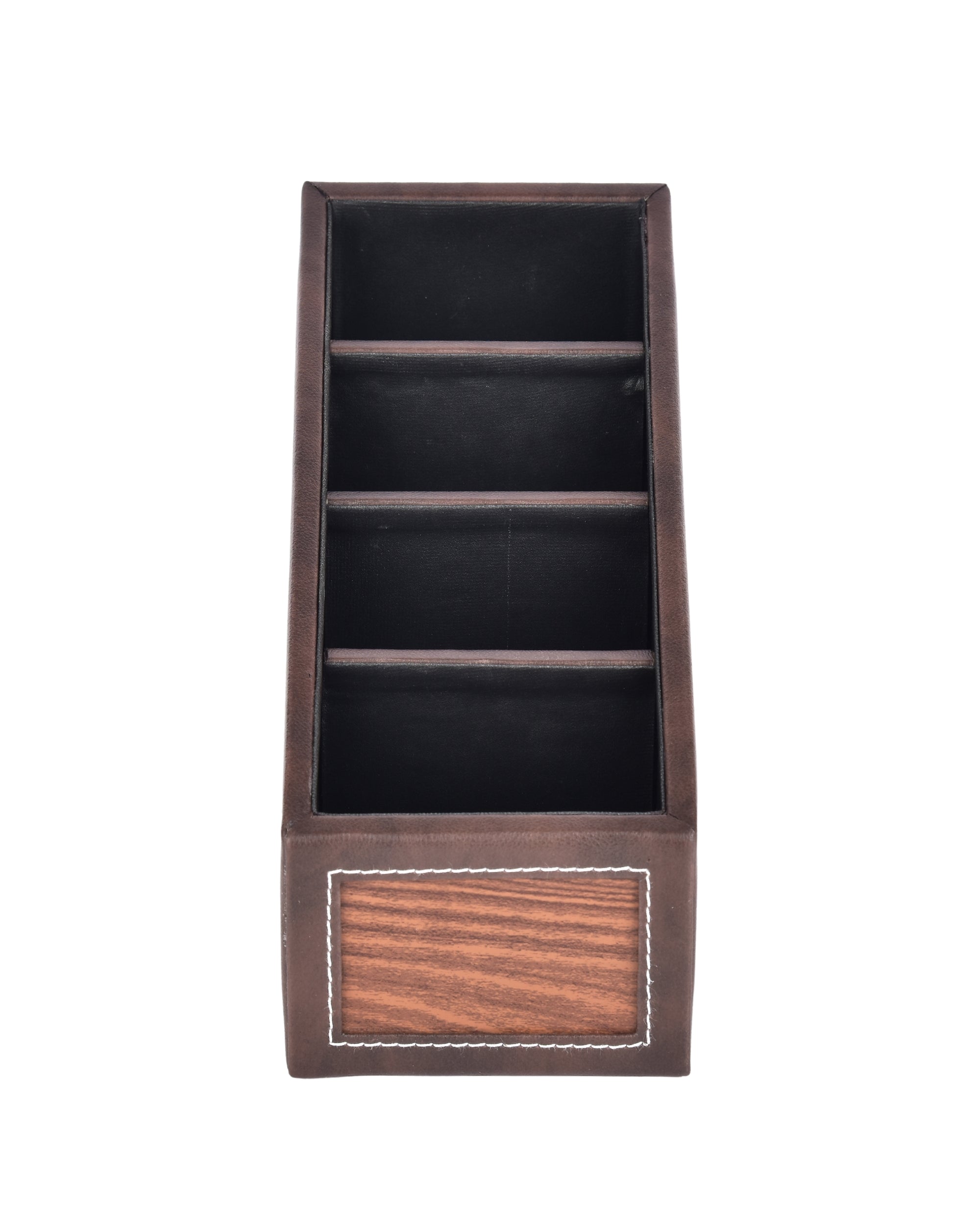 Premsons® Remote Holder Artificial Leather with Wooden Finish – 4 Section Tabletop Organizer for TV, AC & Office Desk Accessories – Compact & Stylish Storage Solution for Home & Office