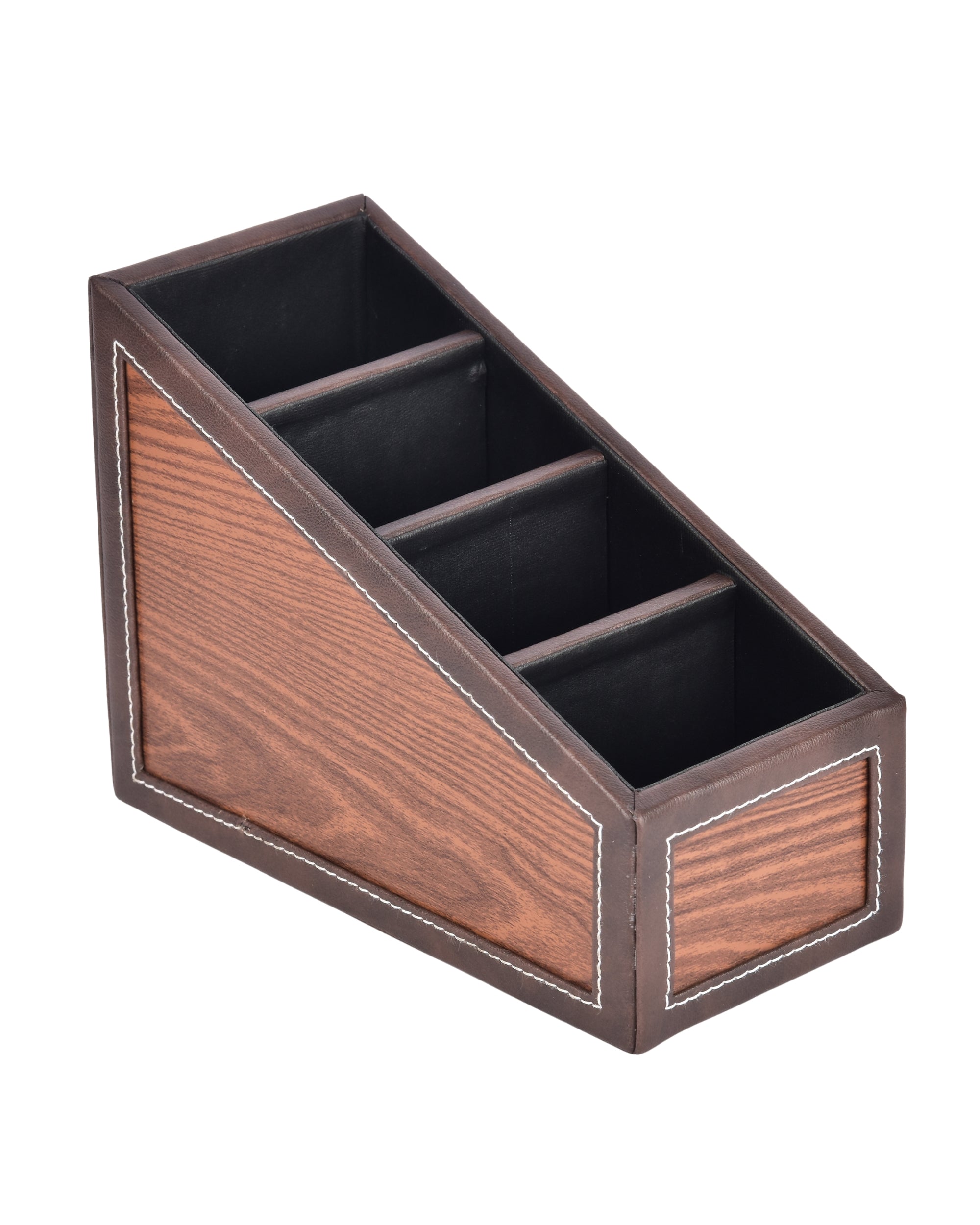 Premsons® Remote Holder Artificial Leather with Wooden Finish – 4 Section Tabletop Organizer for TV, AC & Office Desk Accessories – Compact & Stylish Storage Solution for Home & Office