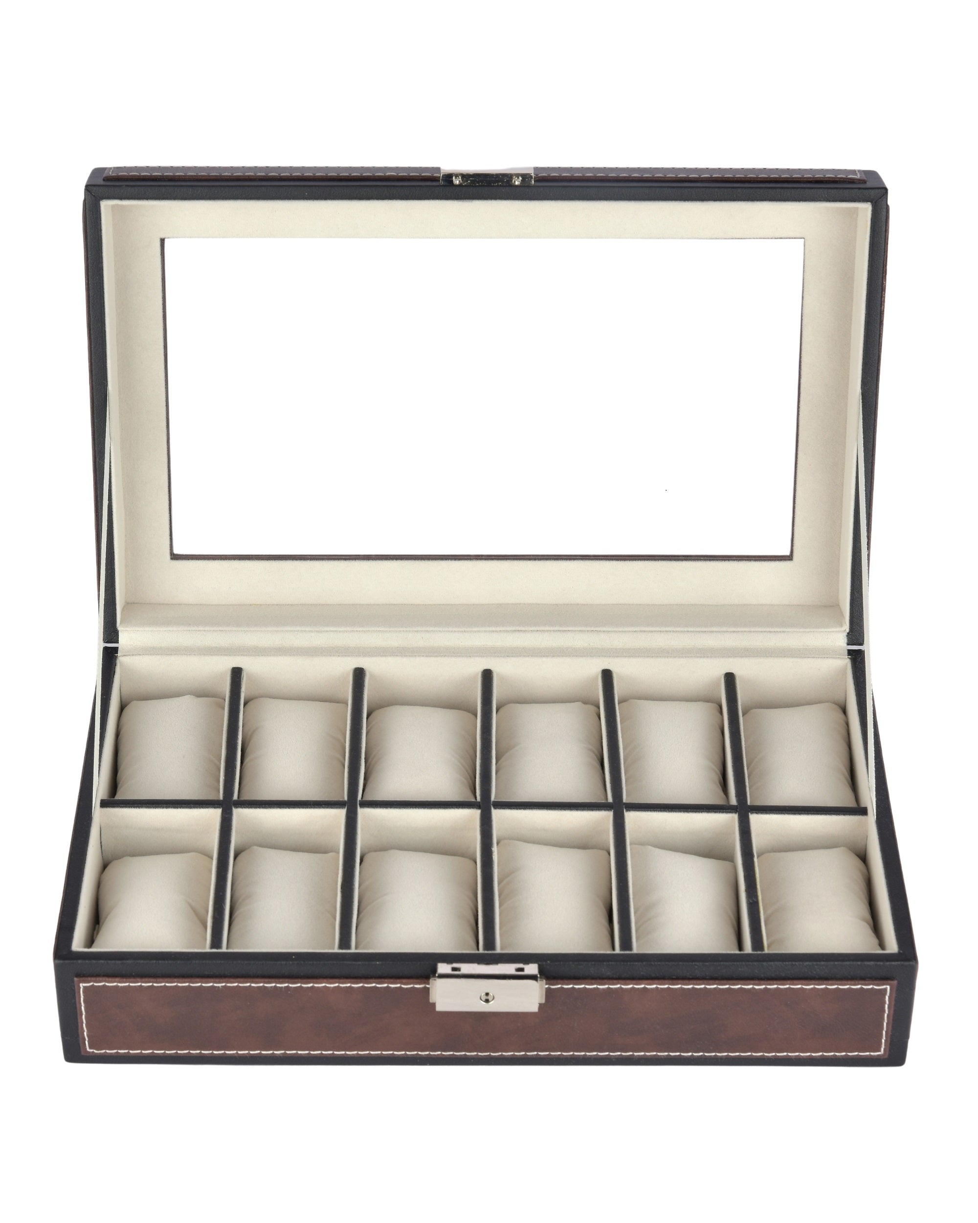 Premsons® Premium Leatherette 12-Slot Watch Box Holder and Organizer Case for Men and Women | Elegant Storage for Watches | Dark Brown & Black