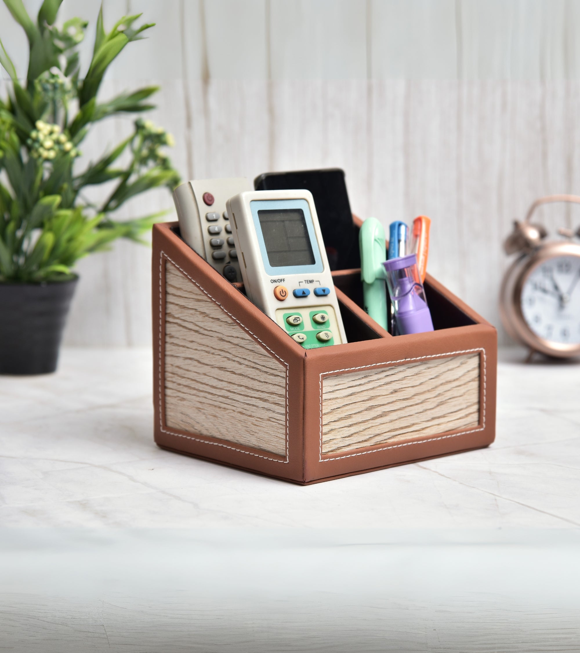 Premsons® Remote Holder – 3 Section Tabletop Organizer in Light Brown | Faux Leather with Refined Wooden Finish | Decorative & Practical Organizer