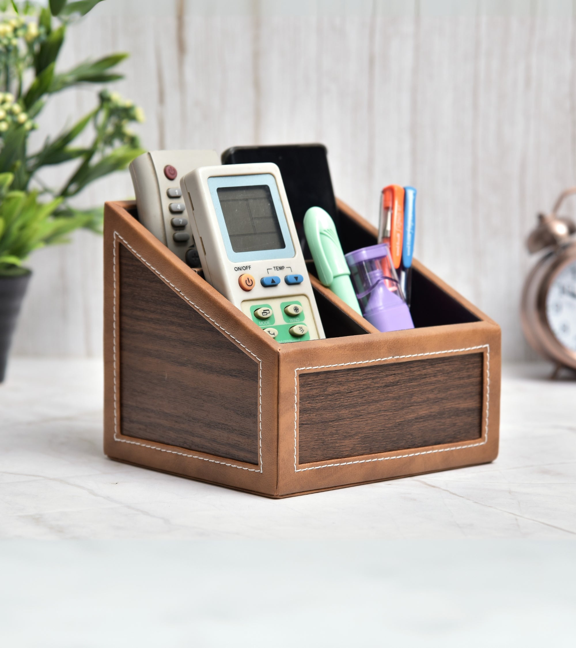 Premsons® Remote Holder – 3 Section Tabletop Organizer in Light Brown | Faux Leather with Refined Wooden Finish | Decorative & Practical Organizer