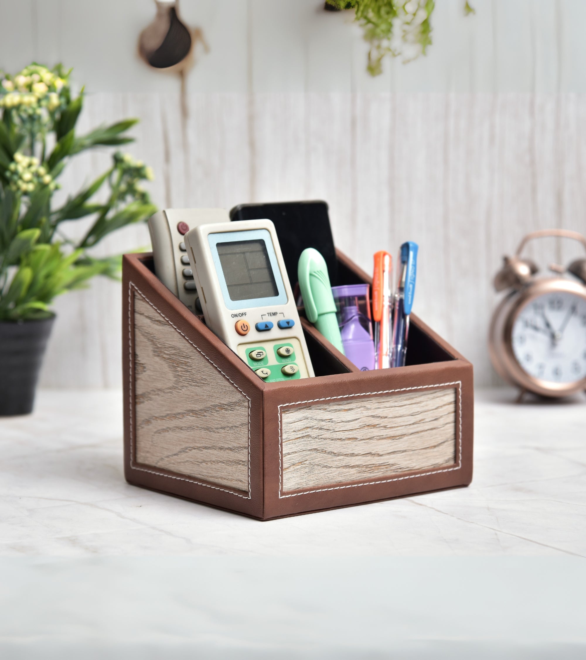 Premsons® Remote Holder – 3 Section Tabletop Organizer in Light Brown | Faux Leather with Refined Wooden Finish | Decorative & Practical Organizer
