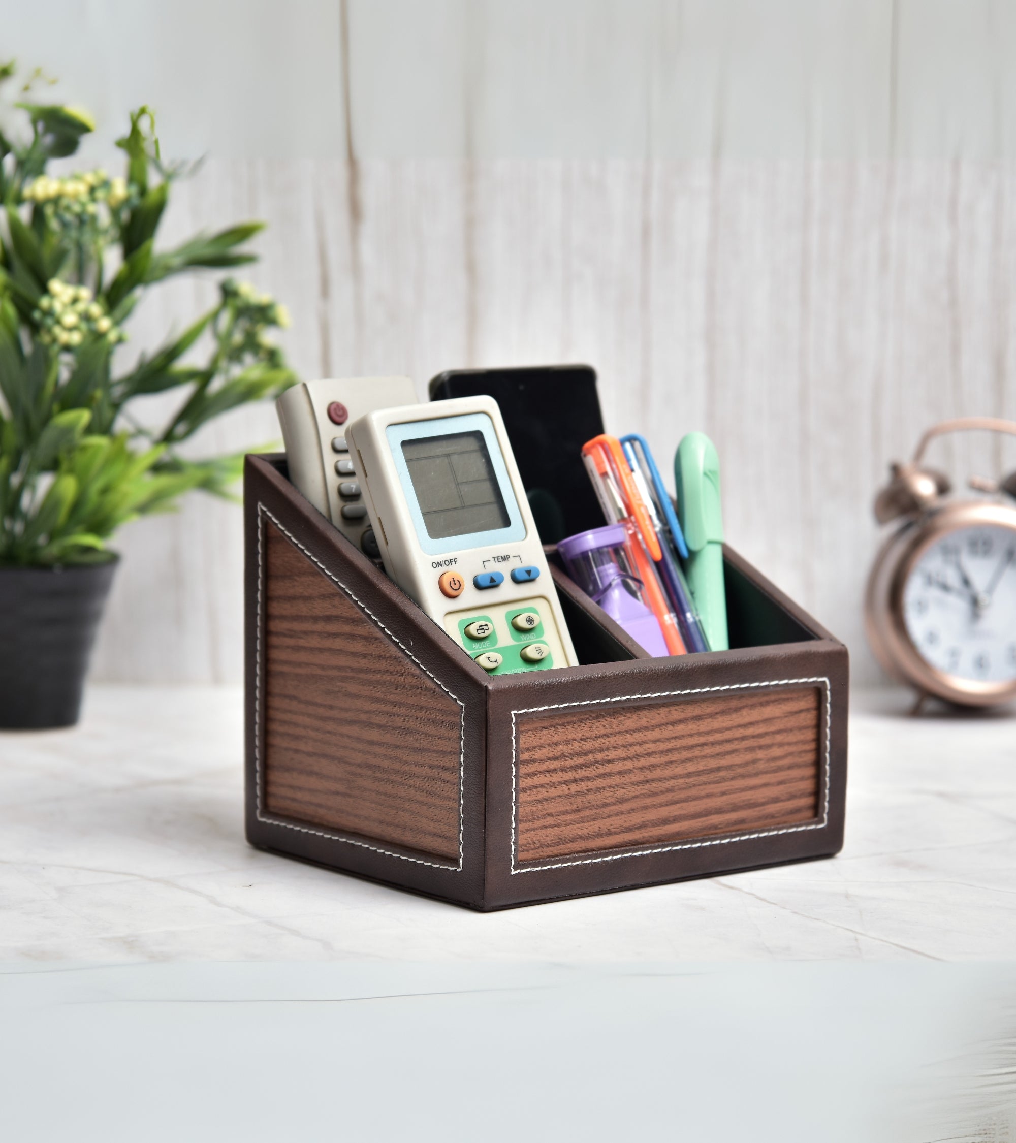 Premsons® Remote Holder Artificial Leather with Wooden Finish – 3 Section Tabletop Organizer for TV, AC & Office Desk Accessories – Compact & Stylish Storage Solution for Home & Office