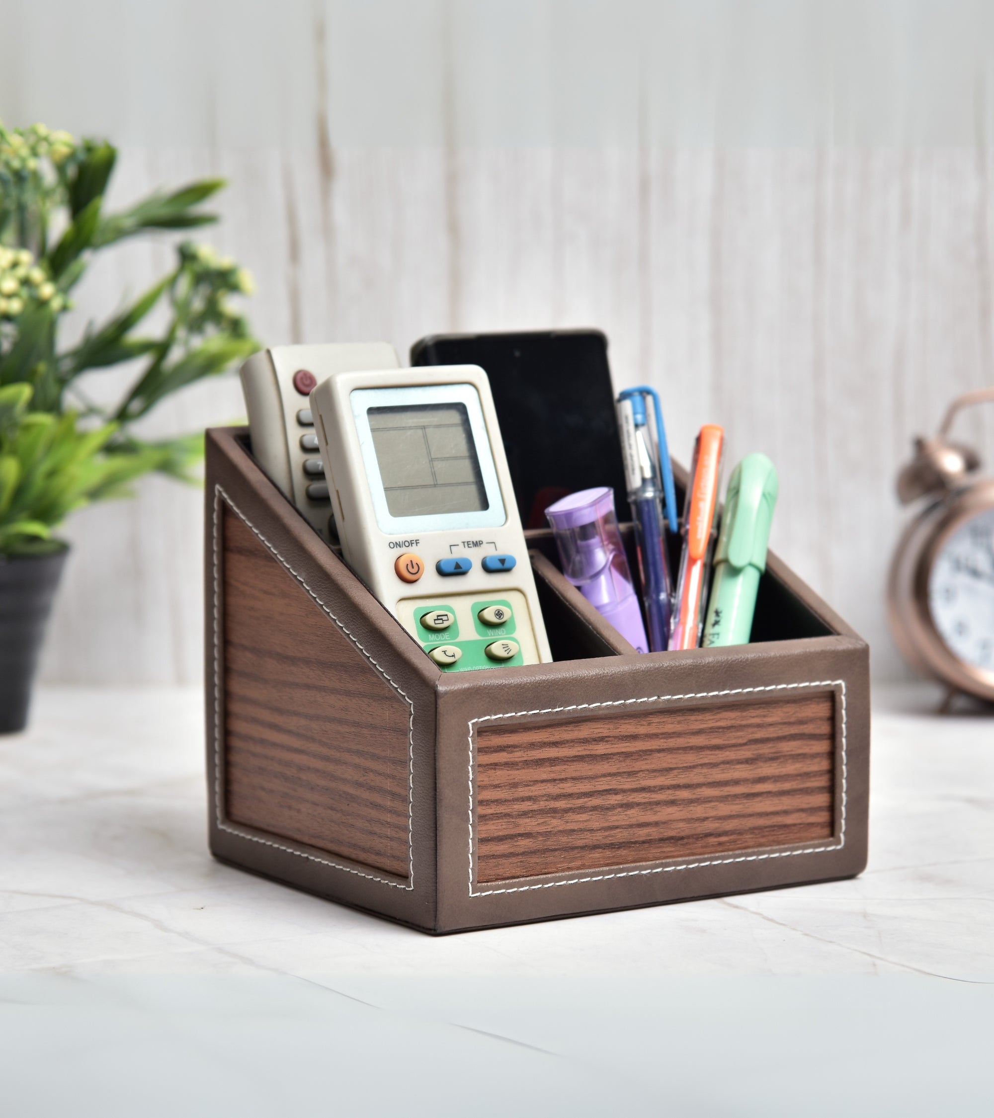 Premsons® Remote Holder Artificial Leather with Wooden Finish – 3 Section Tabletop Organizer for TV, AC & Office Desk Accessories – Compact & Stylish Storage Solution for Home & Office