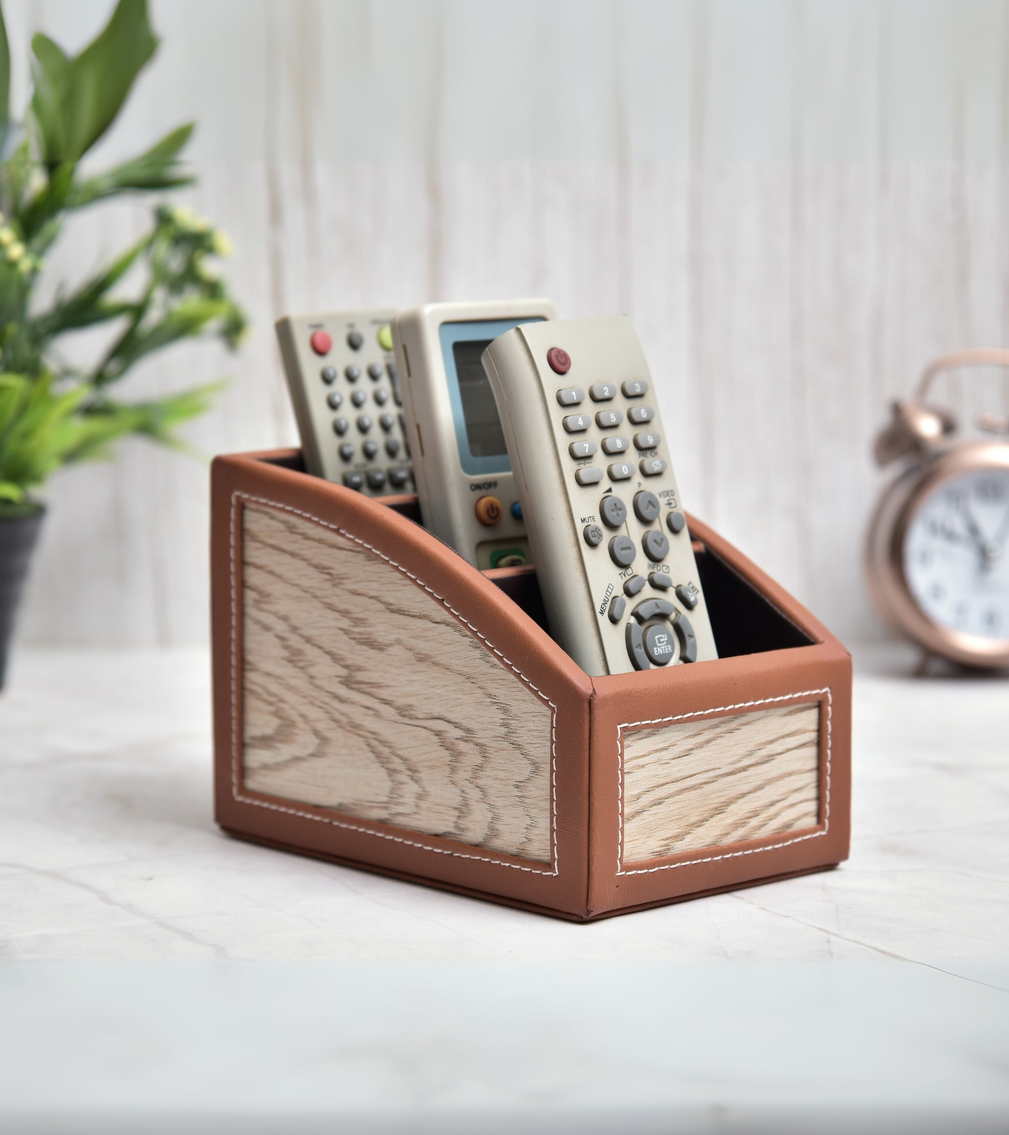 Premsons® Classic Remote Holder – 3 Section Tabletop Organizer in Light Brown | Faux Leather with Refined Wooden Finish | Decorative & Practical Organizer