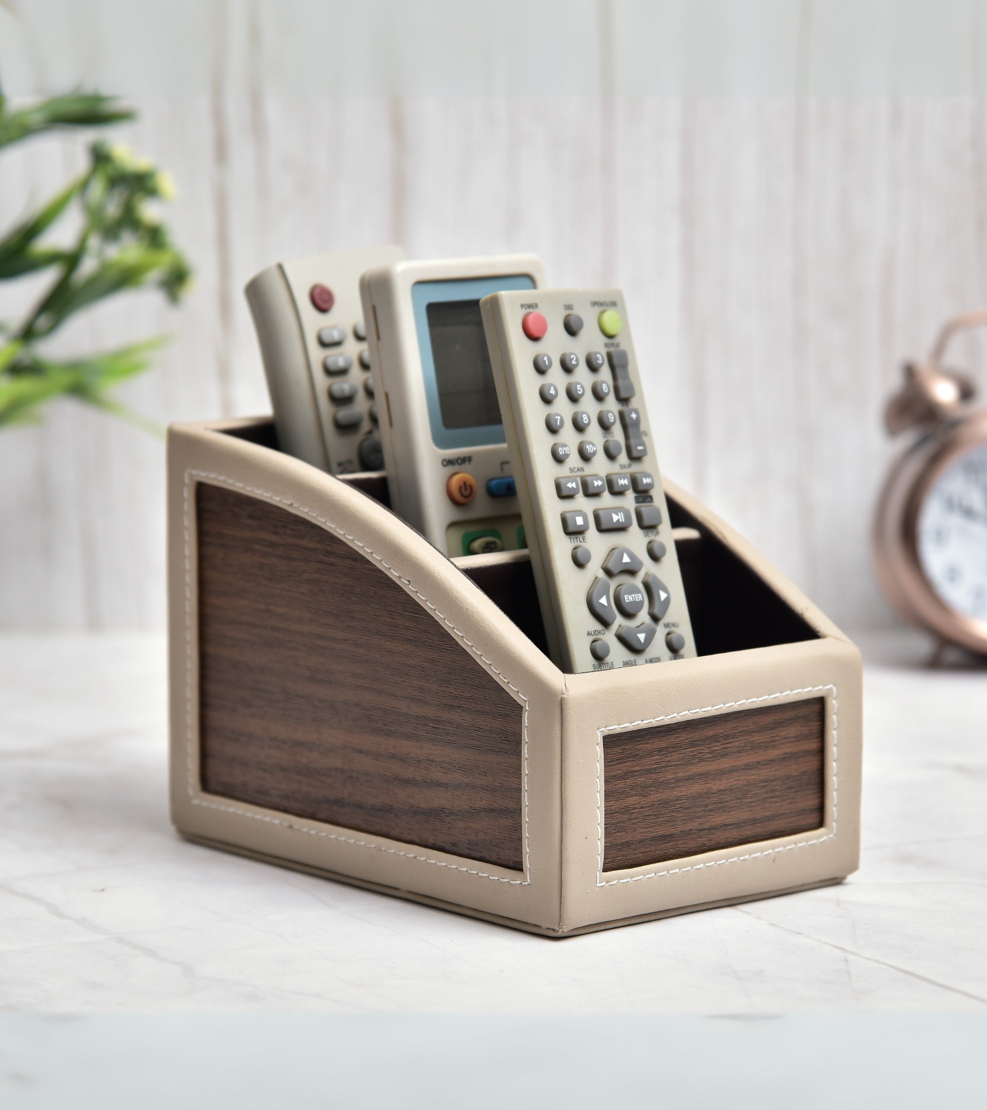 Premsons® Classic Remote Holder – 3 Section Tabletop Organizer in Light Brown | Faux Leather with Refined Wooden Finish | Decorative & Practical Organizer