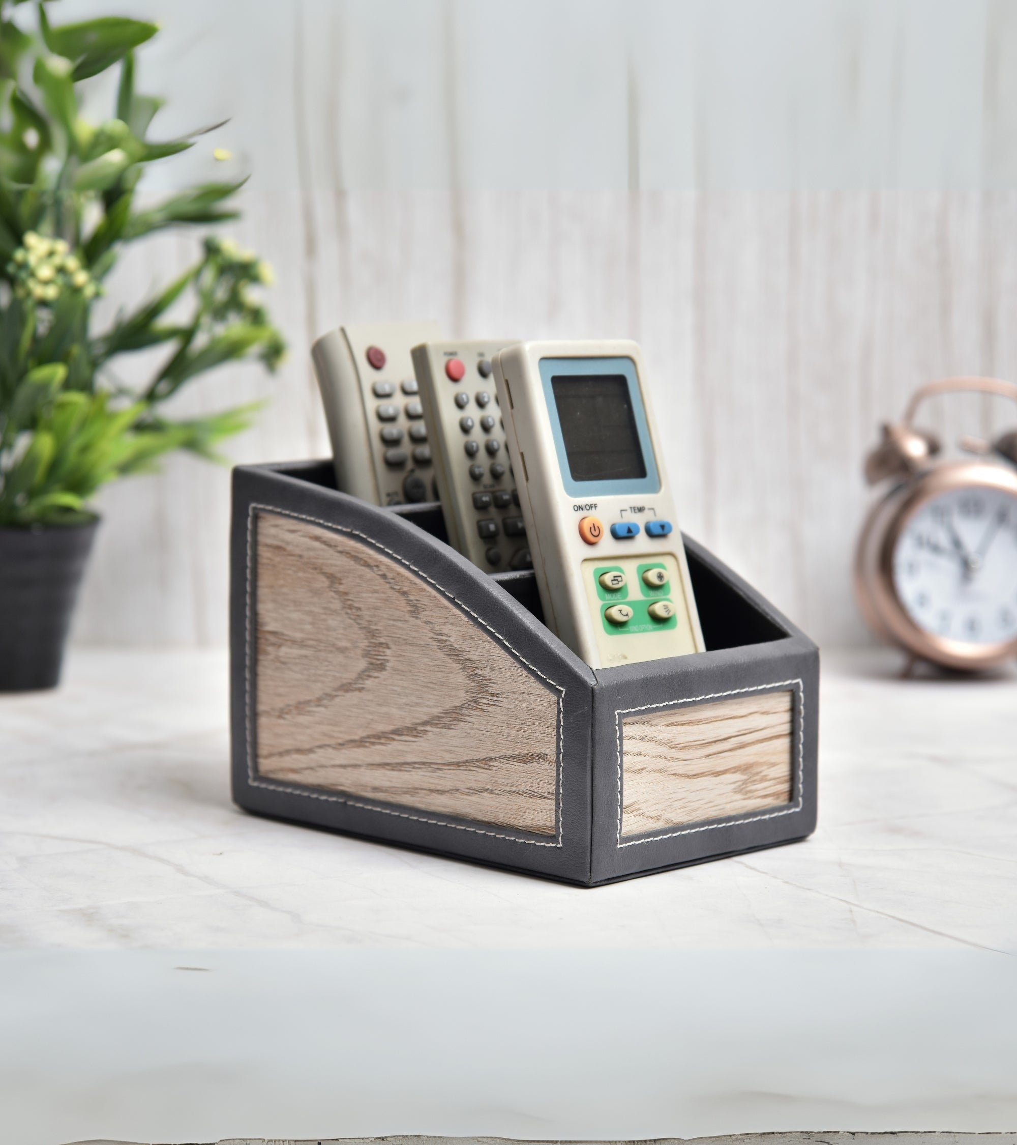 Premsons® Classic Remote Holder – 3 Section Tabletop Organizer in Light Brown | Faux Leather with Refined Wooden Finish | Decorative & Practical Organizer