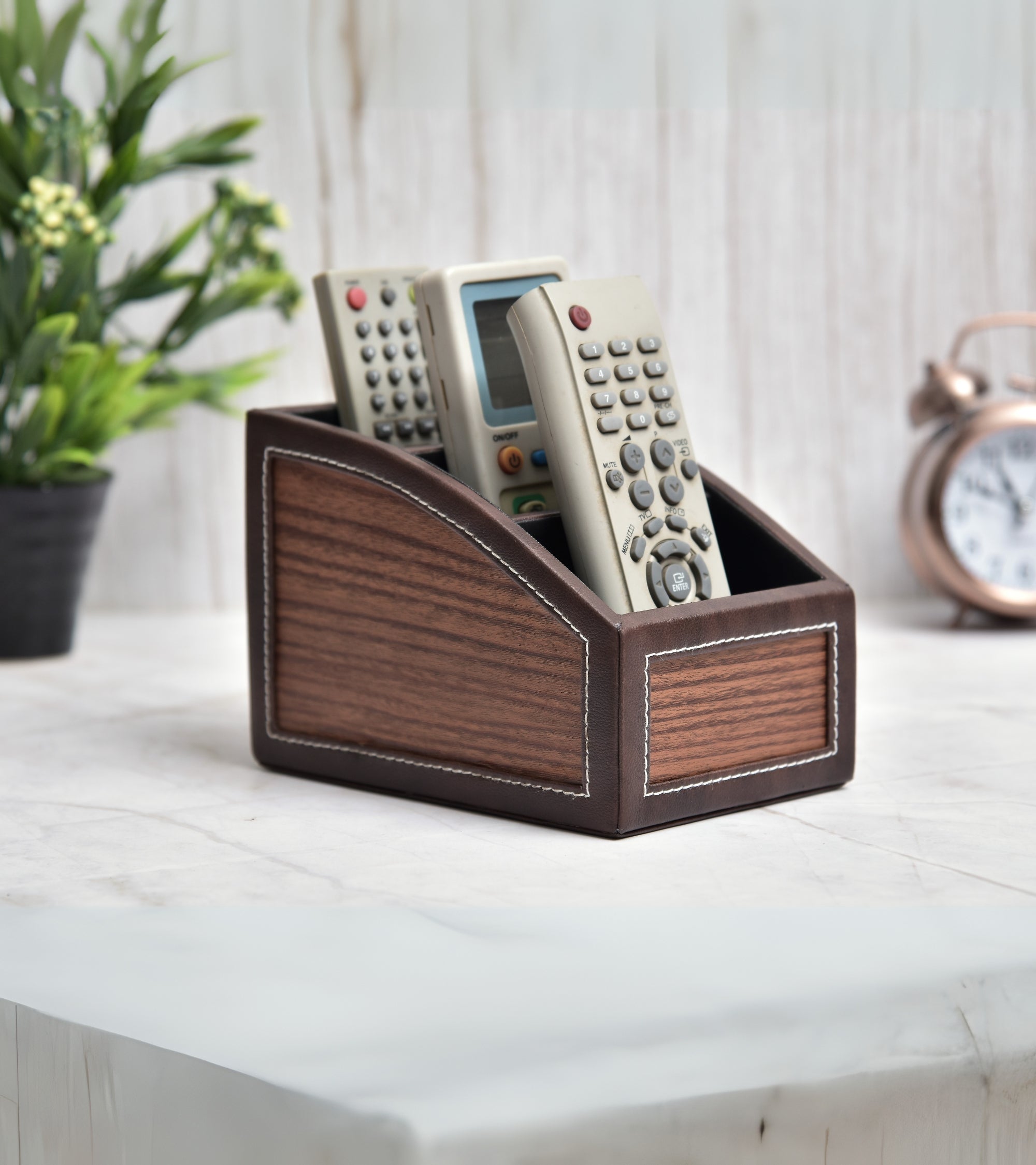 Premsons® Classic Remote Holder – 3 Section Tabletop Organizer in Light Brown | Faux Leather with Refined Wooden Finish | Decorative & Practical Organizer