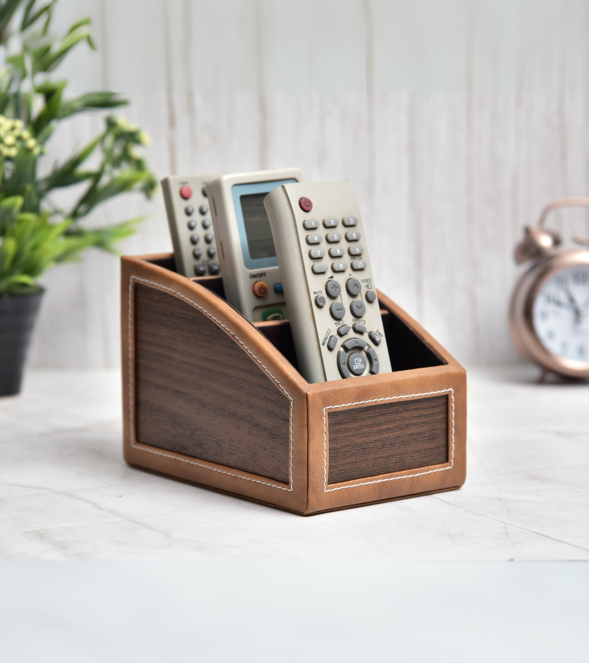 Premsons® Classic Remote Holder – 3 Section Tabletop Organizer in Light Brown | Faux Leather with Refined Wooden Finish | Decorative & Practical Organizer