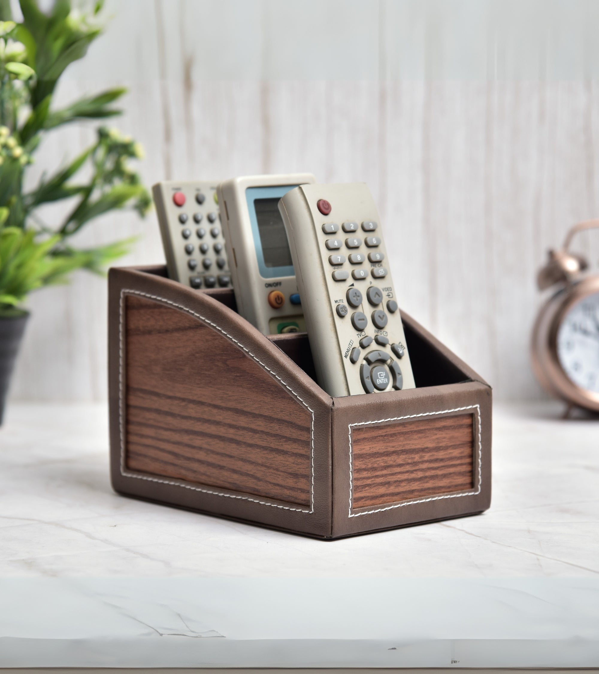 Premsons® Classic Remote Holder – 3 Section Tabletop Organizer in Light Brown | Faux Leather with Refined Wooden Finish | Decorative & Practical Organizer