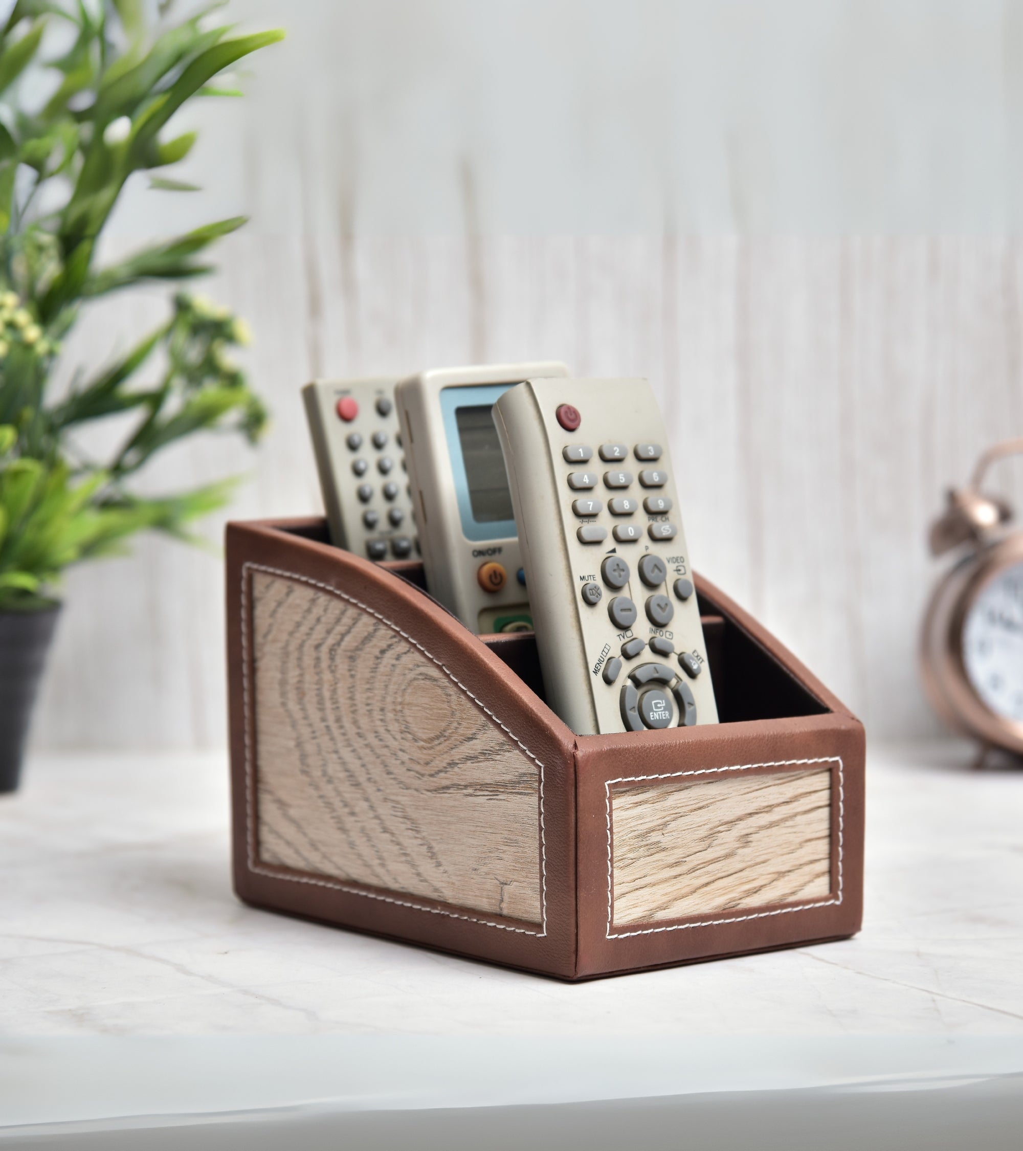 Premsons® Classic Remote Holder – 3 Section Tabletop Organizer in Light Brown | Faux Leather with Refined Wooden Finish | Decorative & Practical Organizer