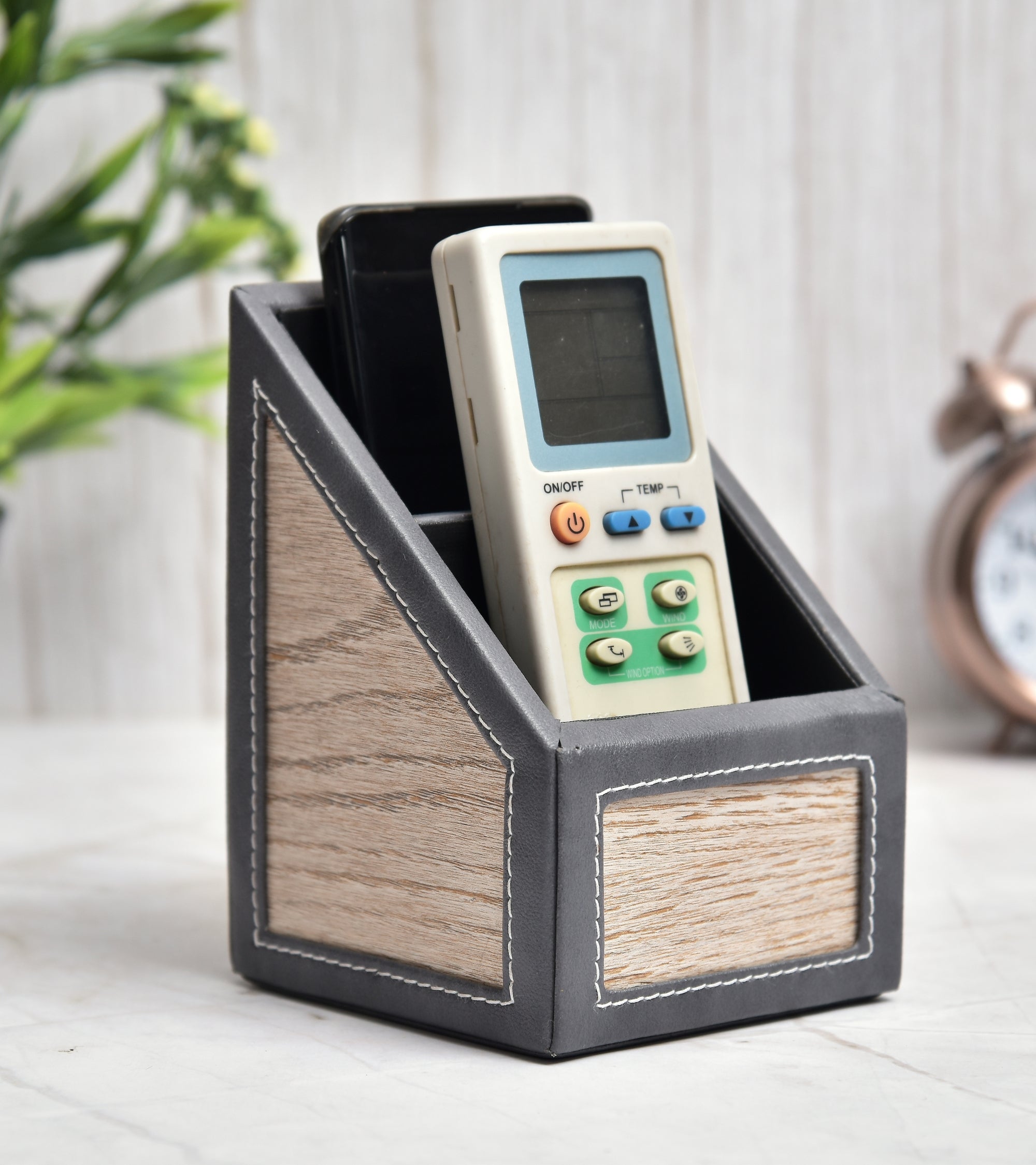 Premsons® Remote Holder Artificial Leather with Wooden Finish – 2 Section Tabletop Organizer for TV, AC & Office Desk Accessories – Compact & Stylish Storage Solution for Home & Office