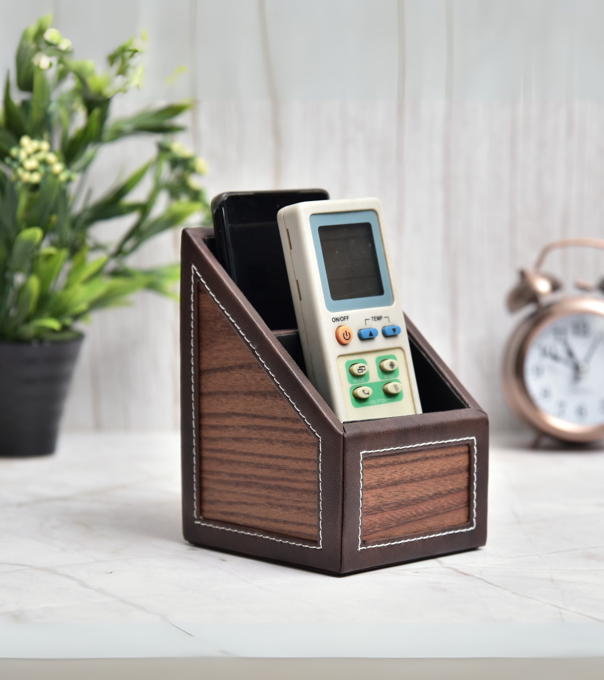 Premsons® Classic Remote Holder – 2 Section Tabletop Organizer in Light Brown | Faux Leather with Refined Wooden Finish | Decorative & Practical Organizer