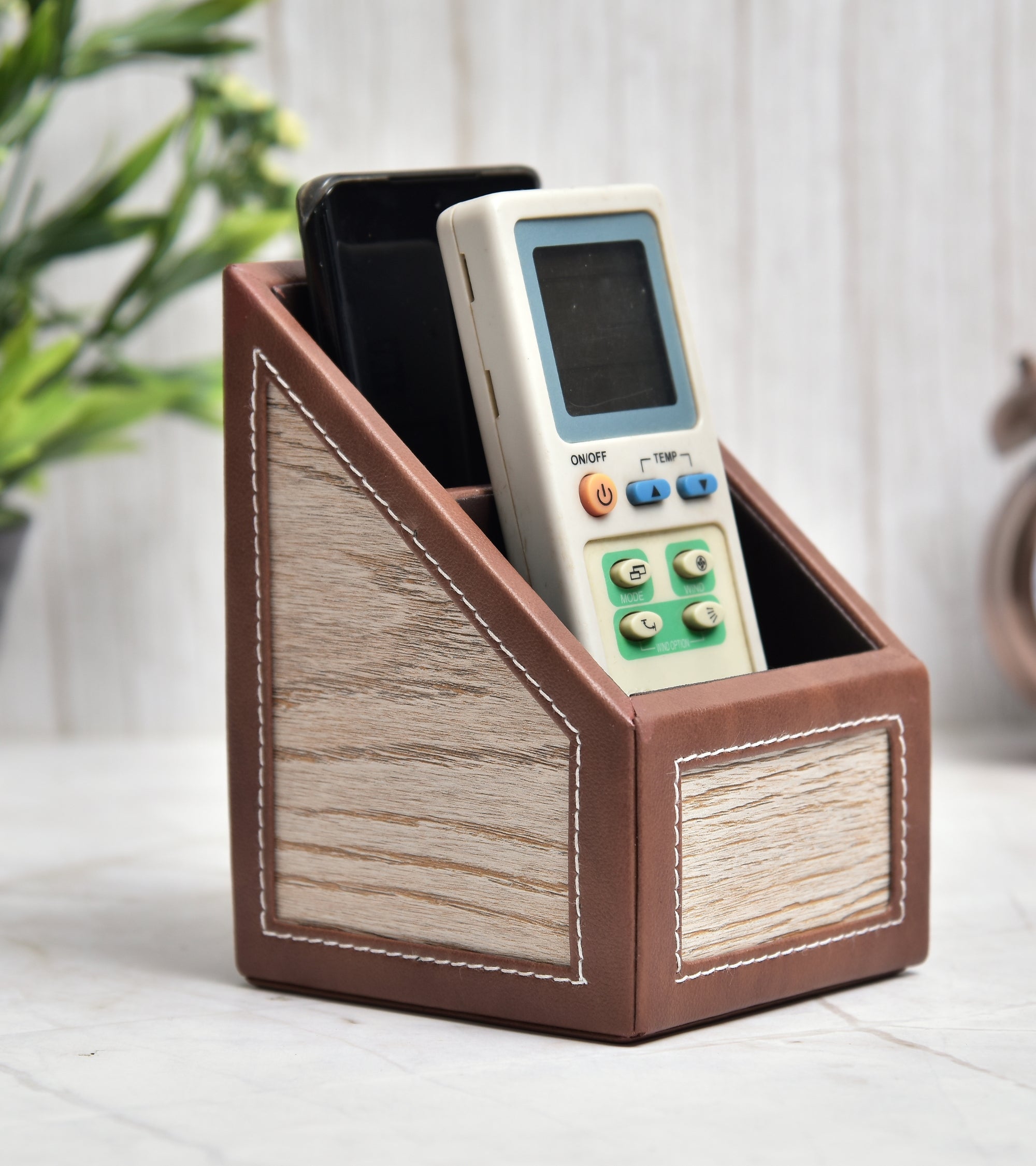 Premsons® Remote Holder Artificial Leather with Wooden Finish – 2 Section Tabletop Organizer for TV, AC & Office Desk Accessories – Compact & Stylish Storage Solution for Home & Office