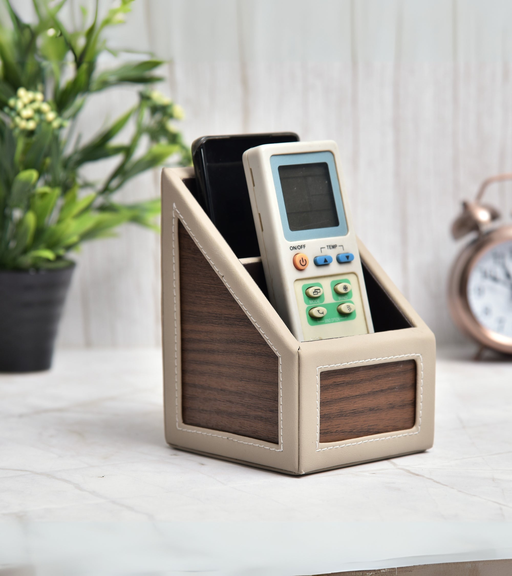 Premsons® Classic Remote Holder – 2 Section Tabletop Organizer in Light Brown | Faux Leather with Refined Wooden Finish | Decorative & Practical Organizer