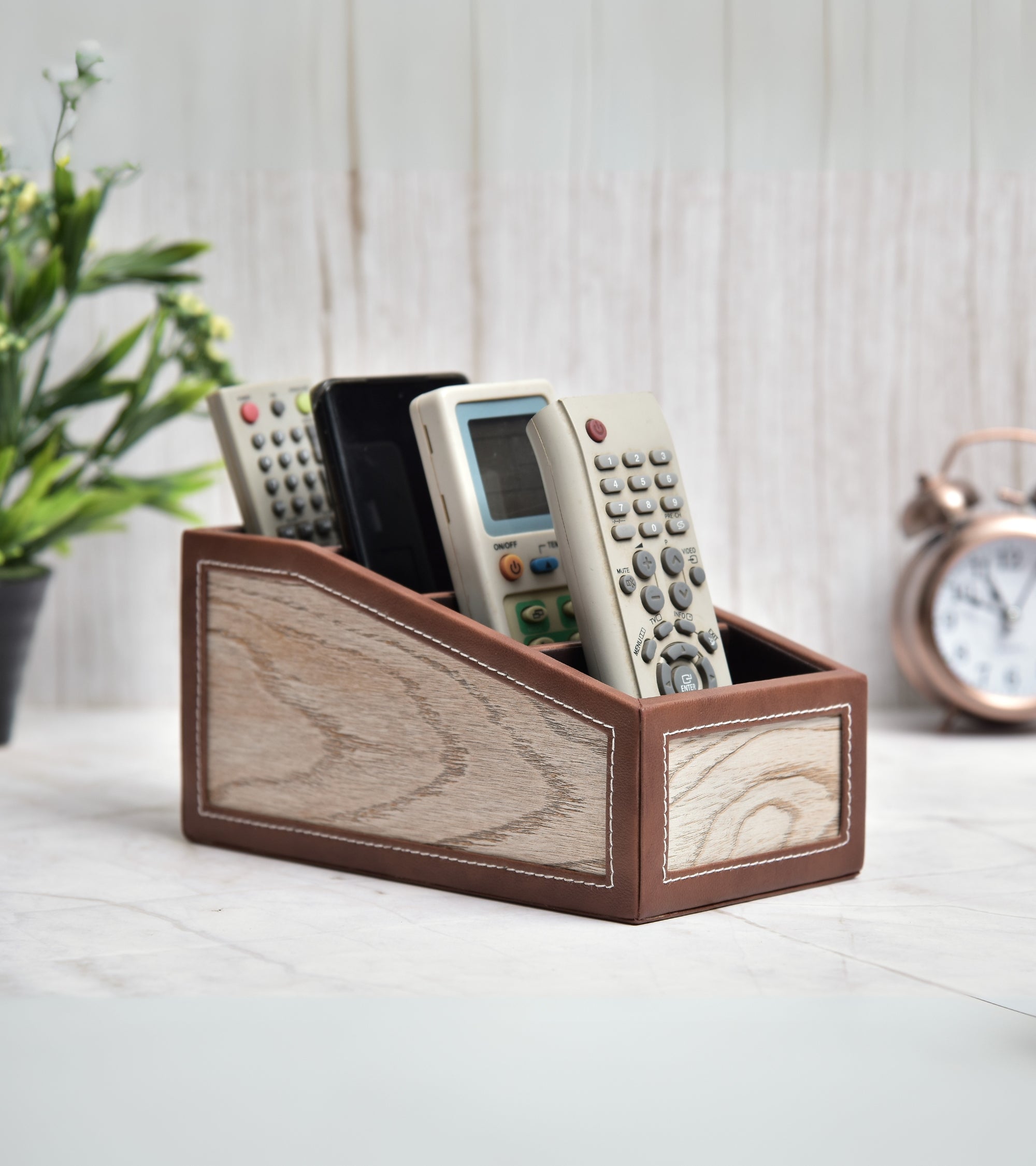 Premsons® Classic Remote Holder – 4 Section Tabletop Organizer in Light Brown | Faux Leather with Refined Wooden Finish | Decorative & Practical Organizer