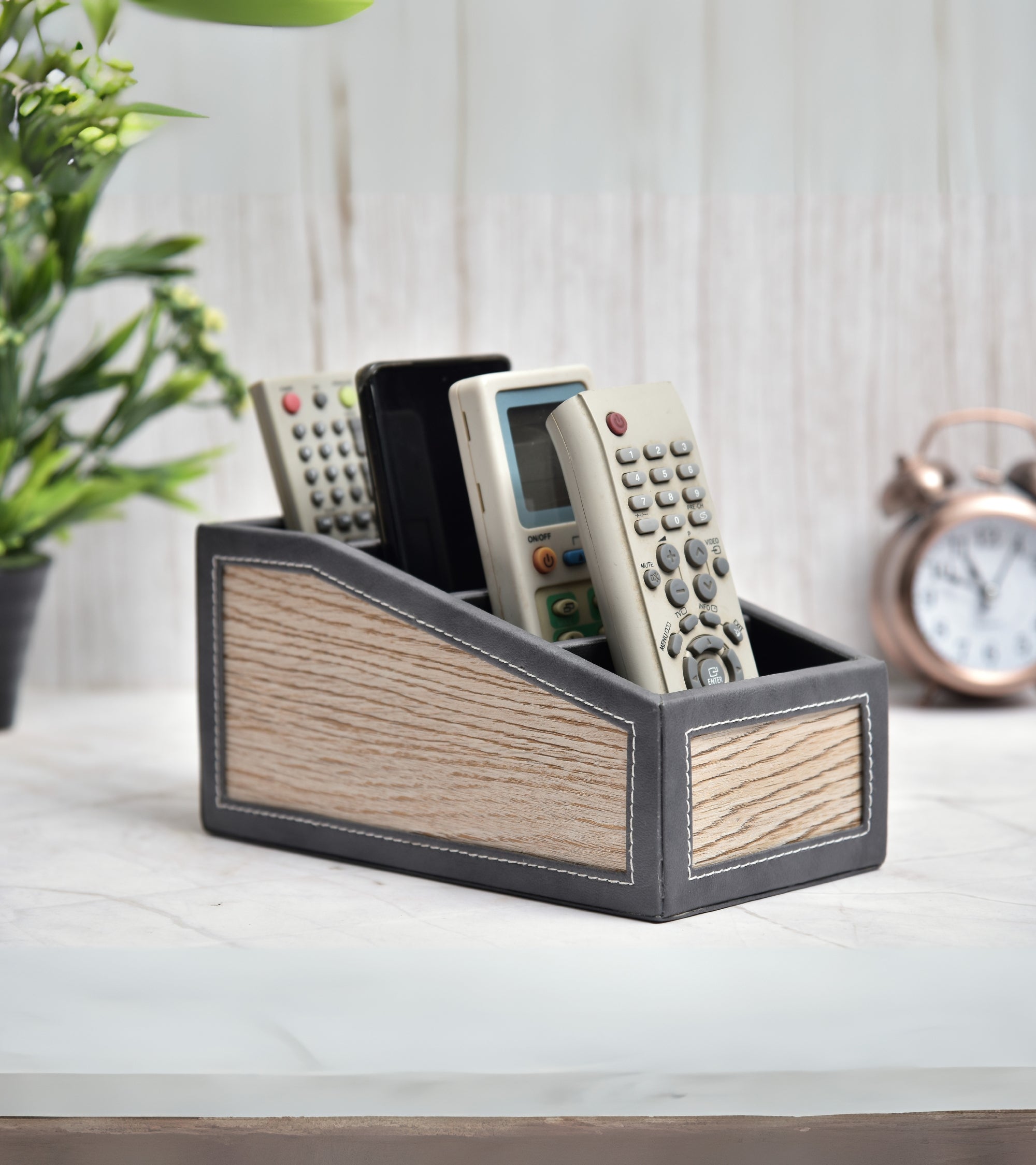 Premsons® Classic Remote Holder – 4 Section Tabletop Organizer in Light Brown | Faux Leather with Refined Wooden Finish | Decorative & Practical Organizer
