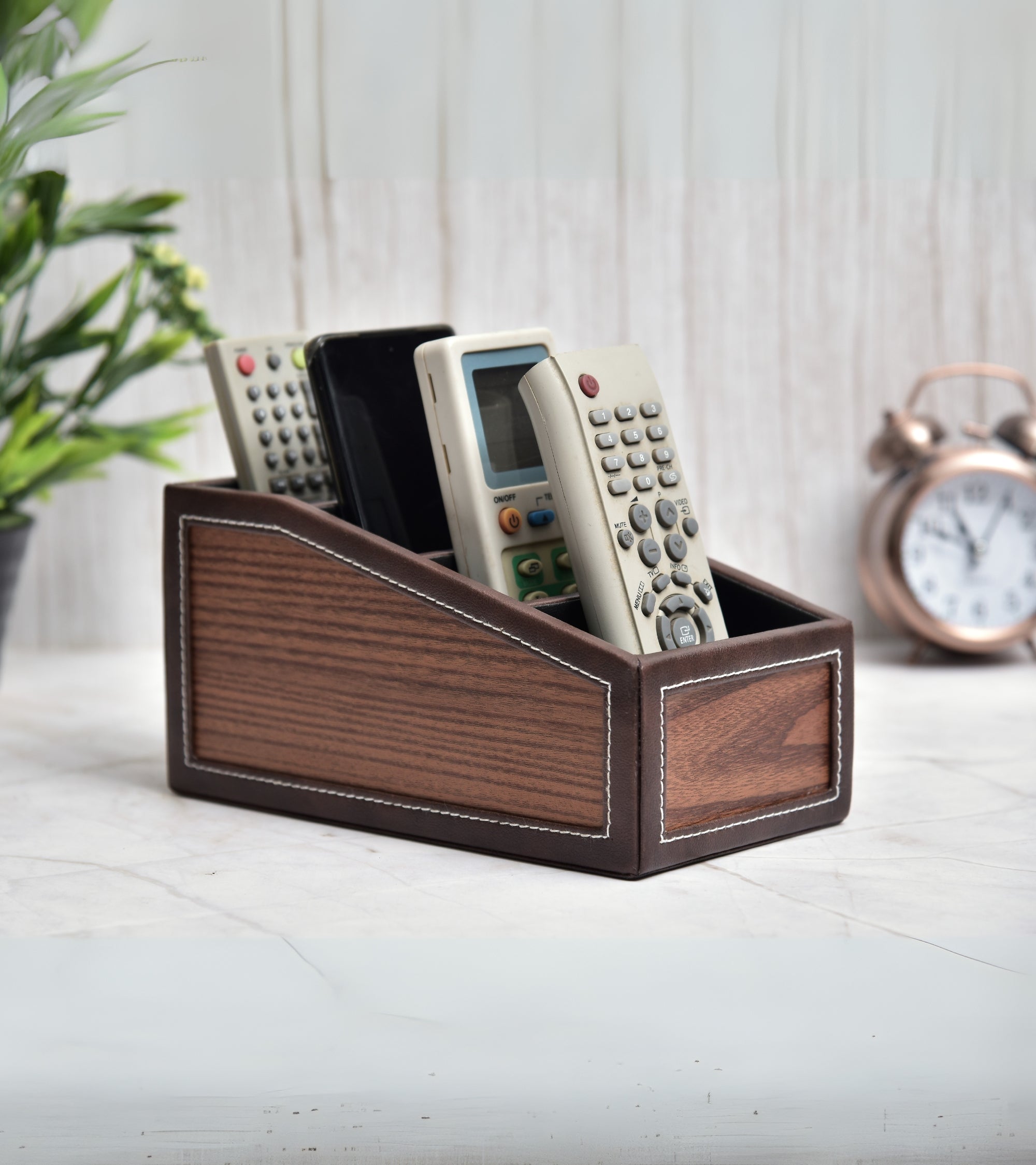 Premsons® Classic Remote Holder – 4 Section Tabletop Organizer in Light Brown | Faux Leather with Refined Wooden Finish | Decorative & Practical Organizer