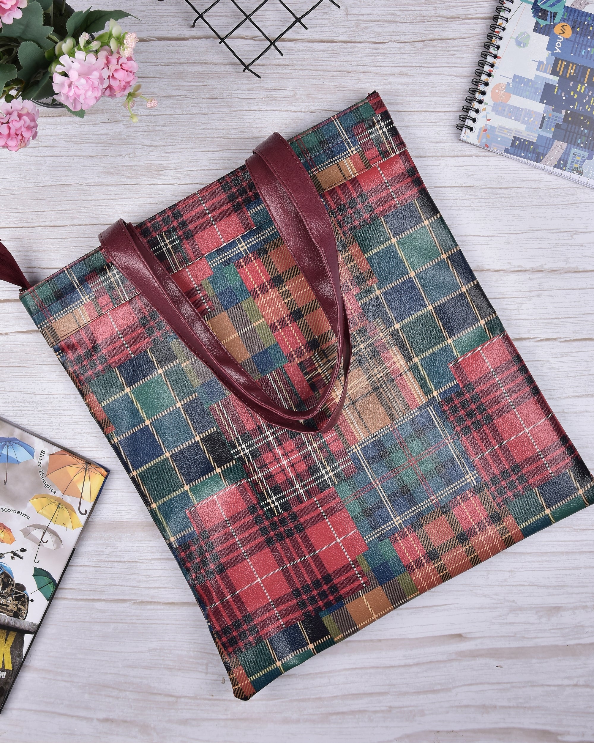 Premsons® Tartan Print Tote Bag – Stylish & Durable Shoulder Bag for Shopping, Office, Travel & Everyday Use