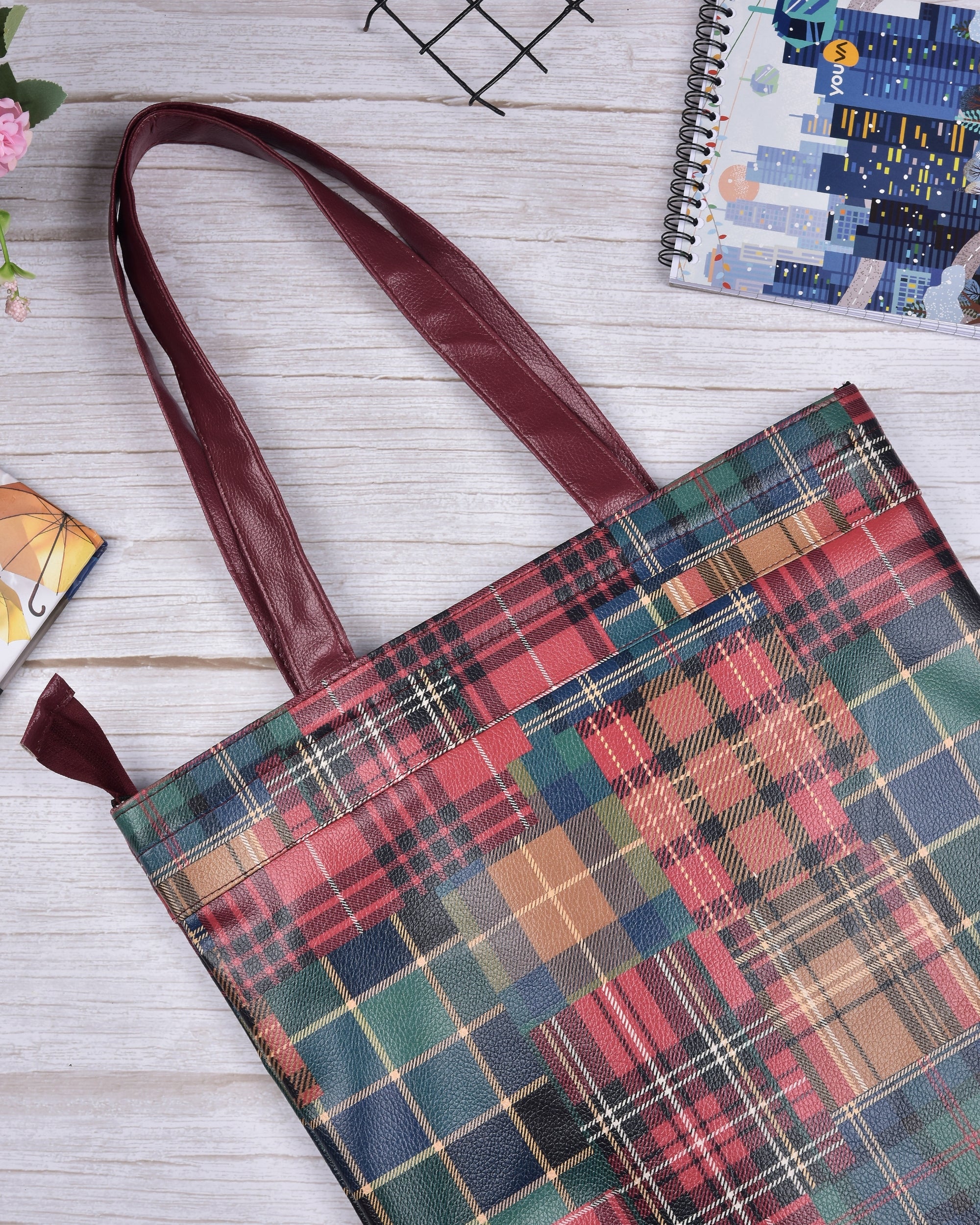 Premsons® Tartan Print Tote Bag – Stylish & Durable Shoulder Bag for Shopping, Office, Travel & Everyday Use
