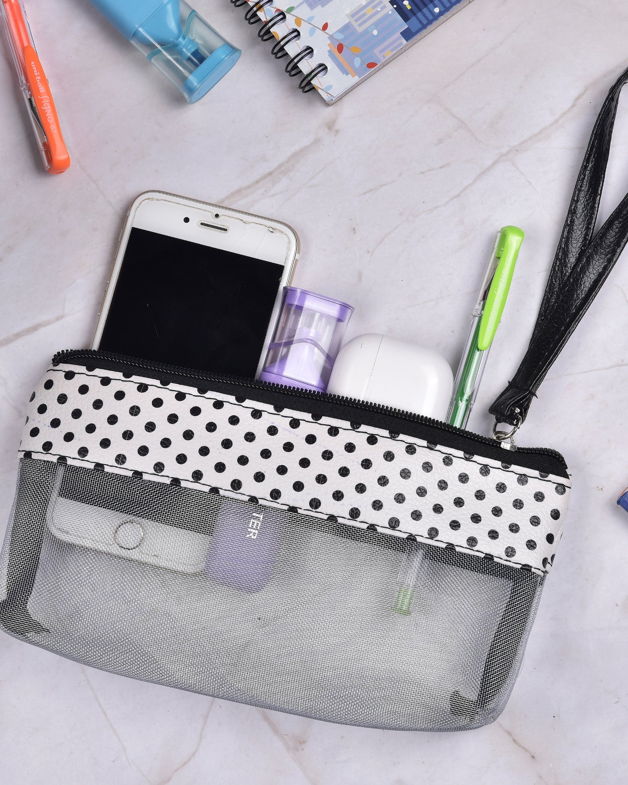 Premsons® Polka Dots Net Pouch – Cute, Stylish & Durable Organizer Bag for Travel & Daily Use