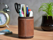 Premsons® Pen Stand Two-Tone Vegan Leather - Stylish Dark Orange & Brown Leatherette Desk Organizer for Home & Office - Durable Faux Leather Stationery Holder, Elegant Design