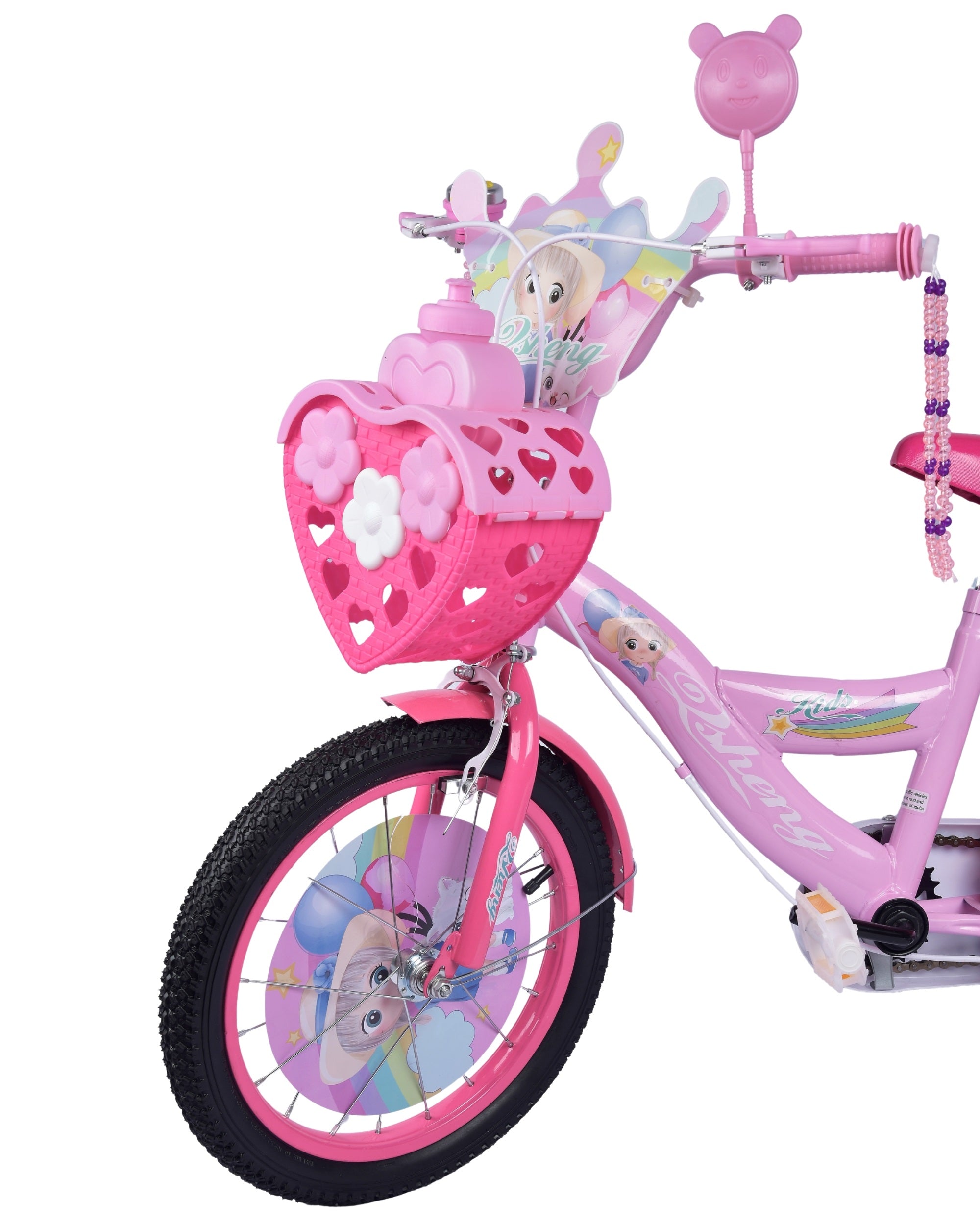 Premsons® Pink Kids Bicycle with Training Wheels – Girls’ Bike with Heart-Shaped Basket, Rear Doll Seat & Colorful Handlebar Streamers