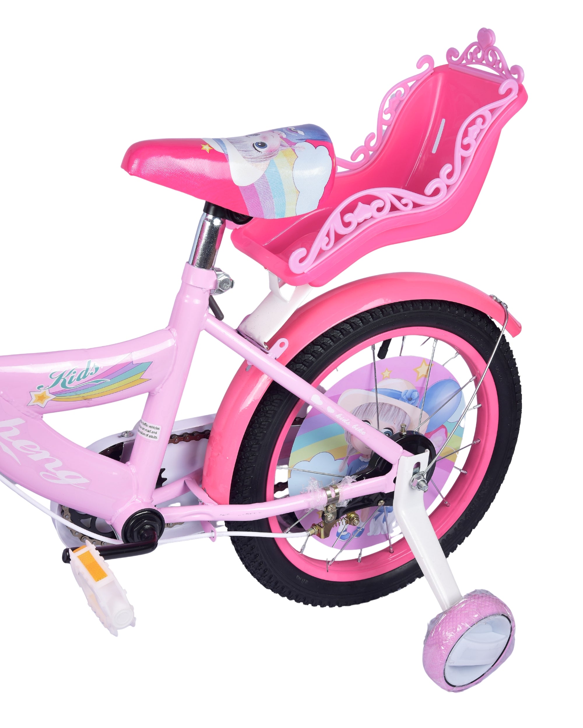 Premsons® Pink Kids Bicycle with Training Wheels – Girls’ Bike with Heart-Shaped Basket, Rear Doll Seat & Colorful Handlebar Streamers