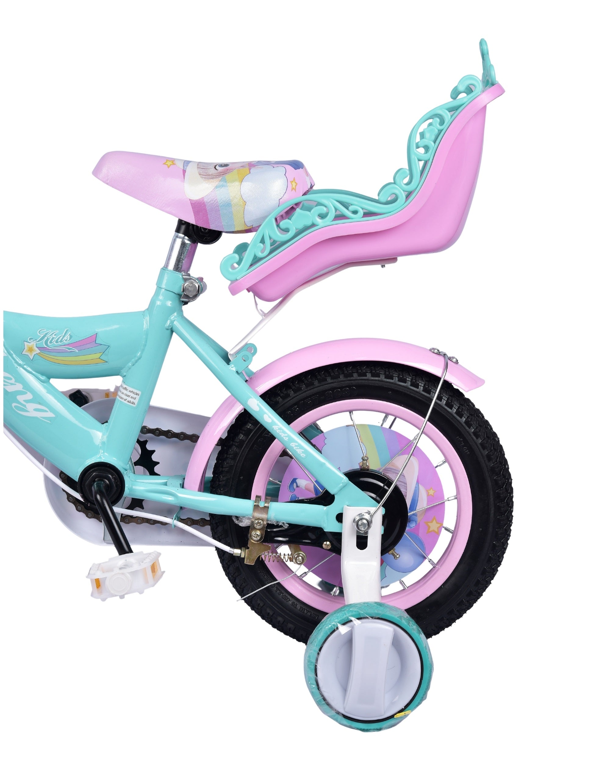 Premsons® Green Kids Bicycle with Training Wheels – Girls’ Cycle in 12", 14" & 16" Sizes with Heart-Shaped Basket, Rear Doll Seat & Colorful Handlebar Streamers