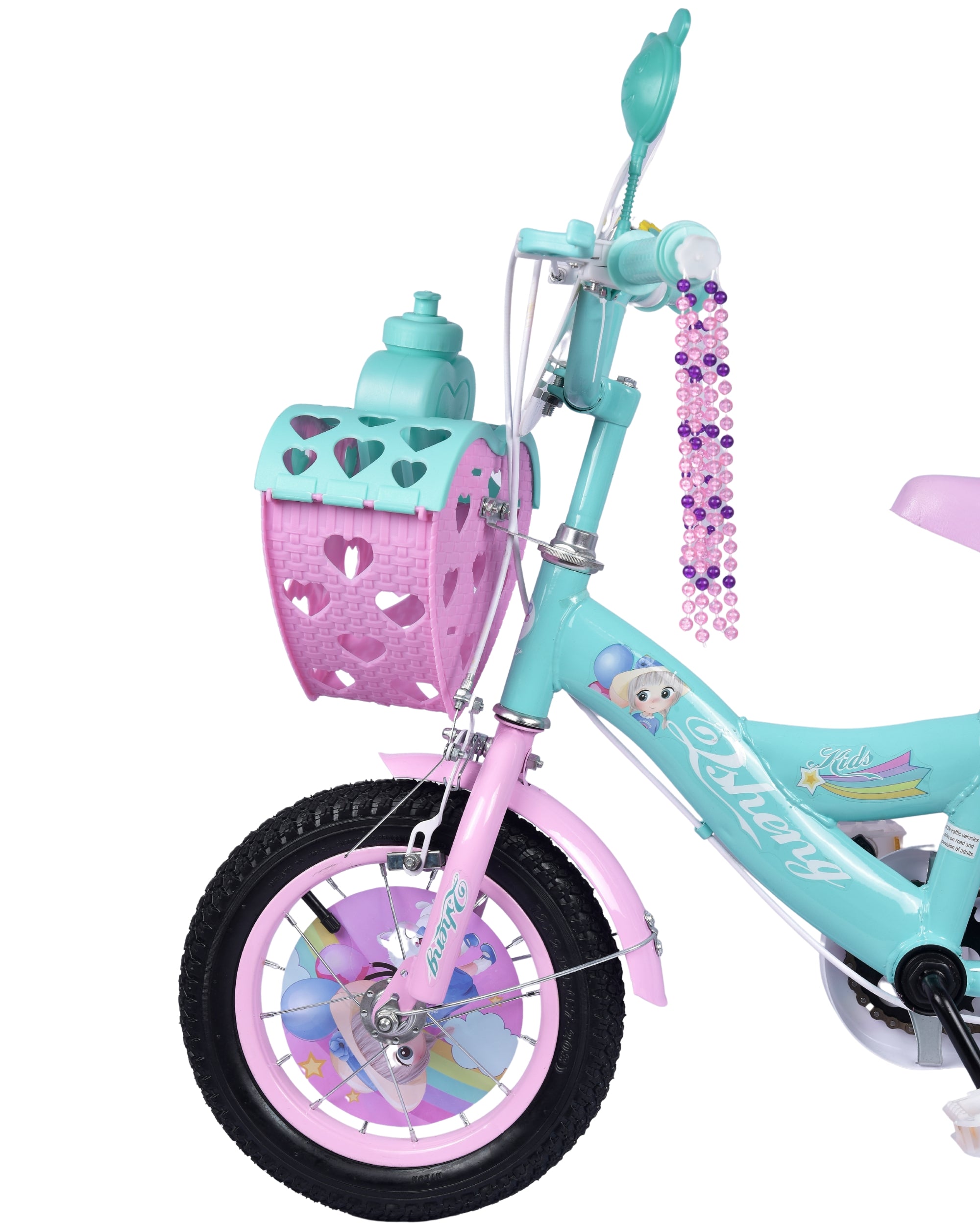 Premsons® Green Kids Bicycle with Training Wheels – Girls’ Cycle in 12", 14" & 16" Sizes with Heart-Shaped Basket, Rear Doll Seat & Colorful Handlebar Streamers