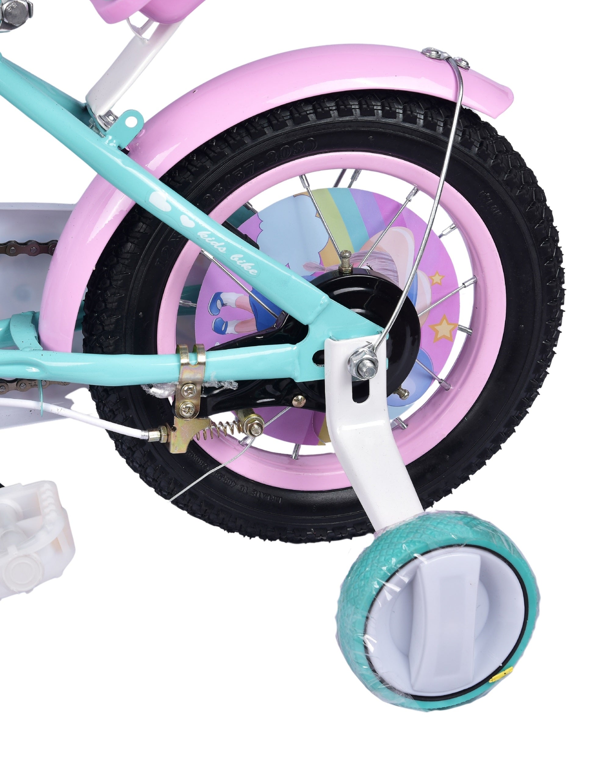 Premsons® Green Kids Bicycle with Training Wheels – Girls’ Cycle in 12", 14" & 16" Sizes with Heart-Shaped Basket, Rear Doll Seat & Colorful Handlebar Streamers