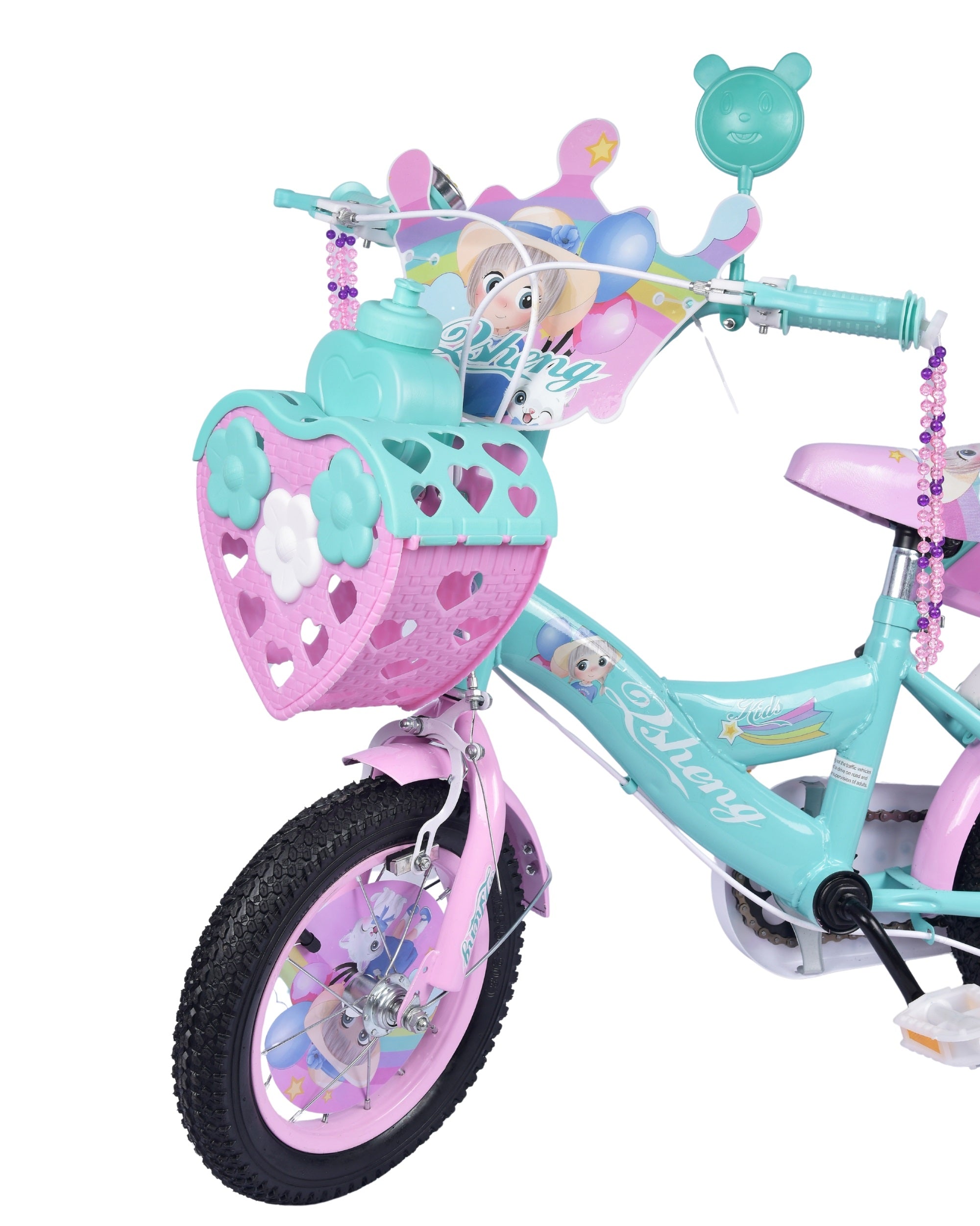Premsons® Green Kids Bicycle with Training Wheels – Girls’ Cycle in 12", 14" & 16" Sizes with Heart-Shaped Basket, Rear Doll Seat & Colorful Handlebar Streamers