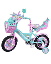 Premsons® Green Kids Bicycle with Training Wheels – Girls’ Cycle in 12", 14" & 16" Sizes with Heart-Shaped Basket, Rear Doll Seat & Colorful Handlebar Streamers