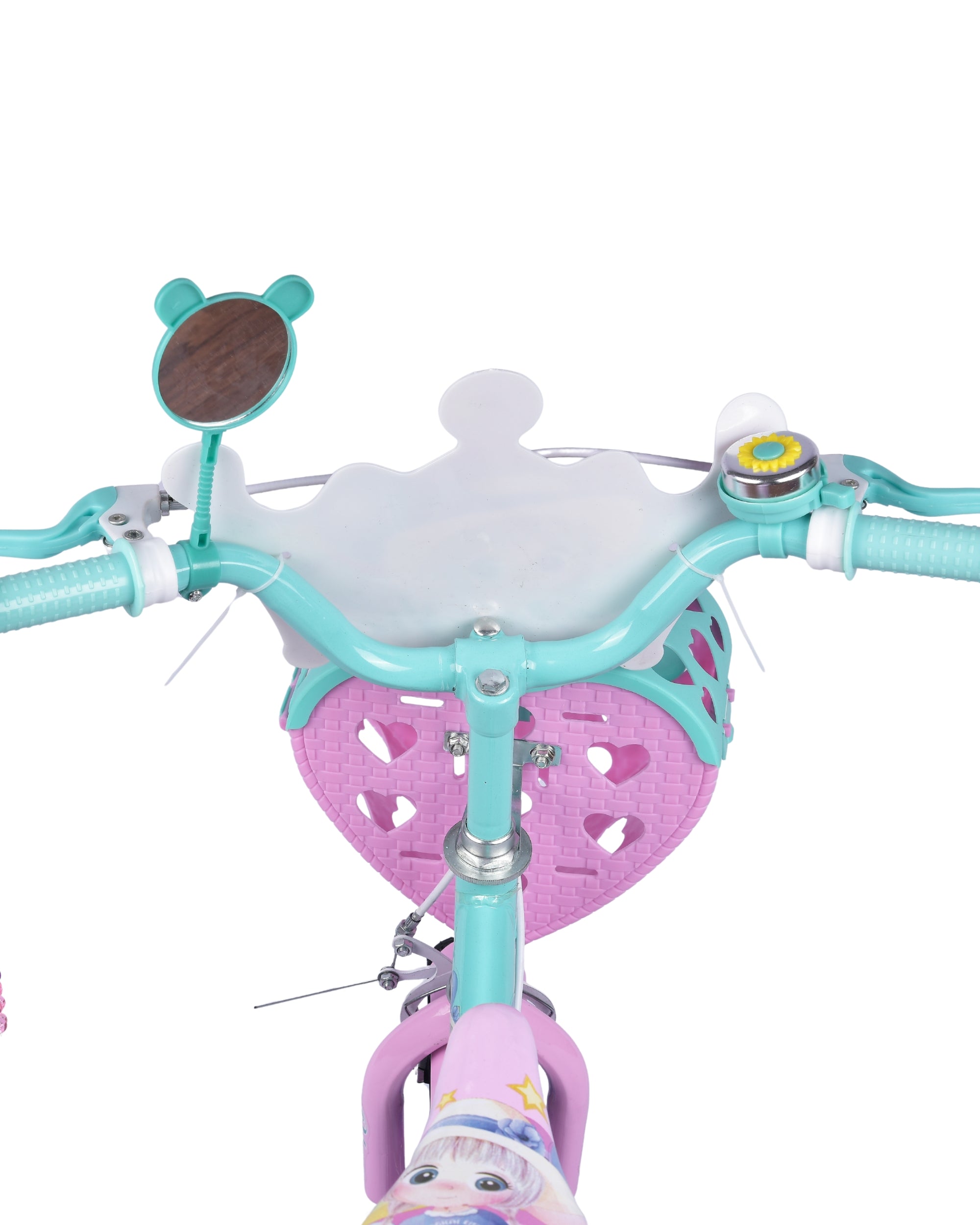 Premsons® Green Kids Bicycle with Training Wheels – Girls’ Cycle in 12", 14" & 16" Sizes with Heart-Shaped Basket, Rear Doll Seat & Colorful Handlebar Streamers