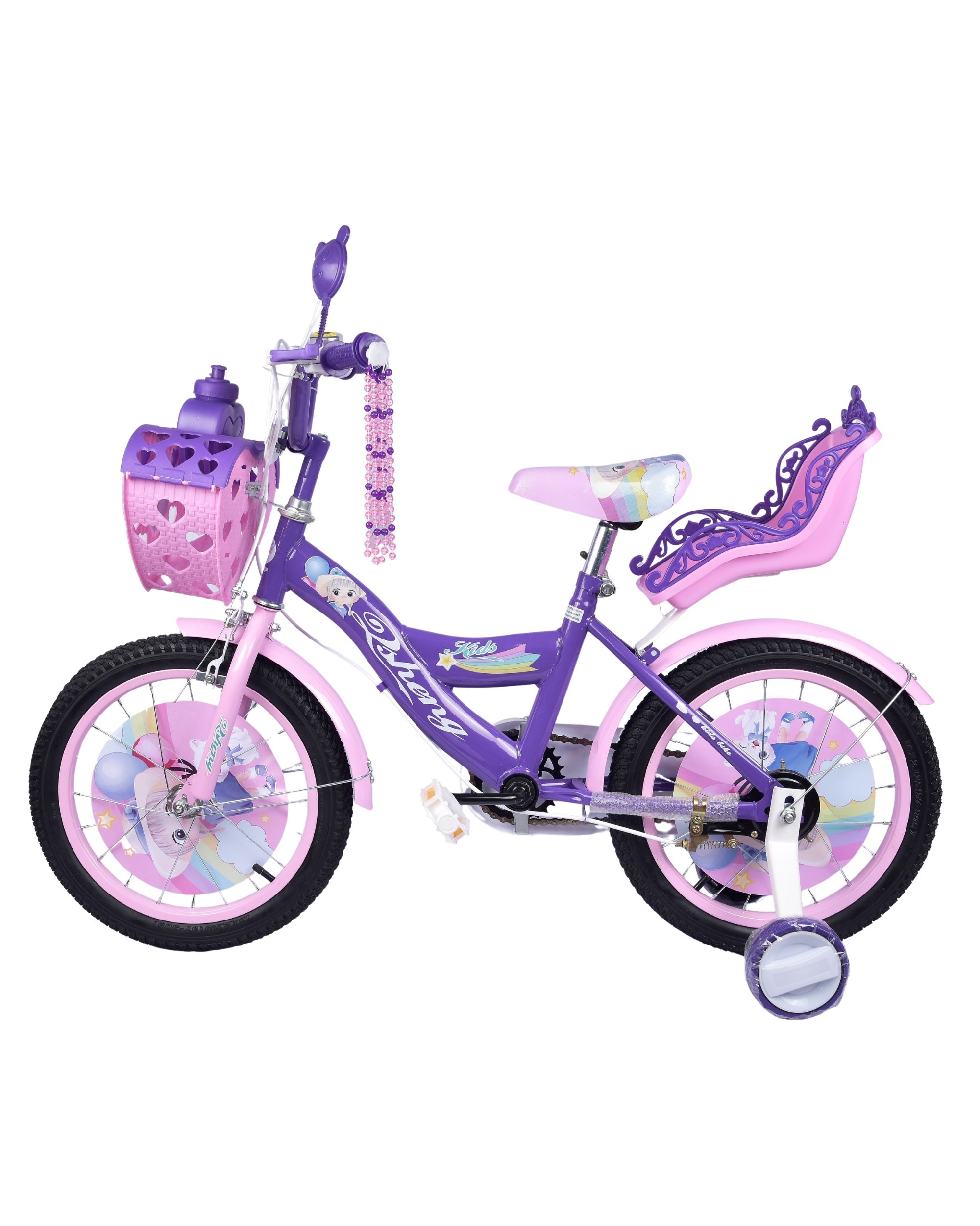 Premsons® Lavender Kids Bicycle with Training Wheels – Girls’ Bike with Heart-Shaped Basket, Rear Doll Seat & Colorful Handlebar Streamers