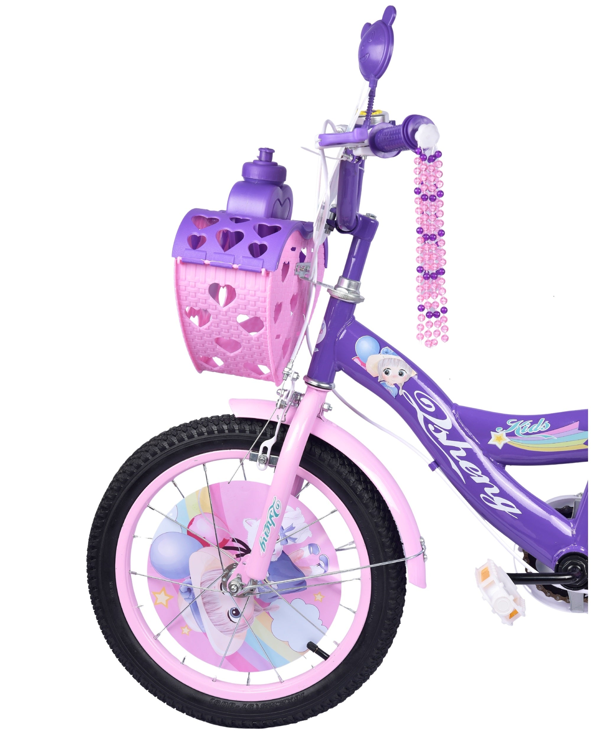Premsons® Lavender Kids Bicycle with Training Wheels – Girls’ Bike with Heart-Shaped Basket, Rear Doll Seat & Colorful Handlebar Streamers