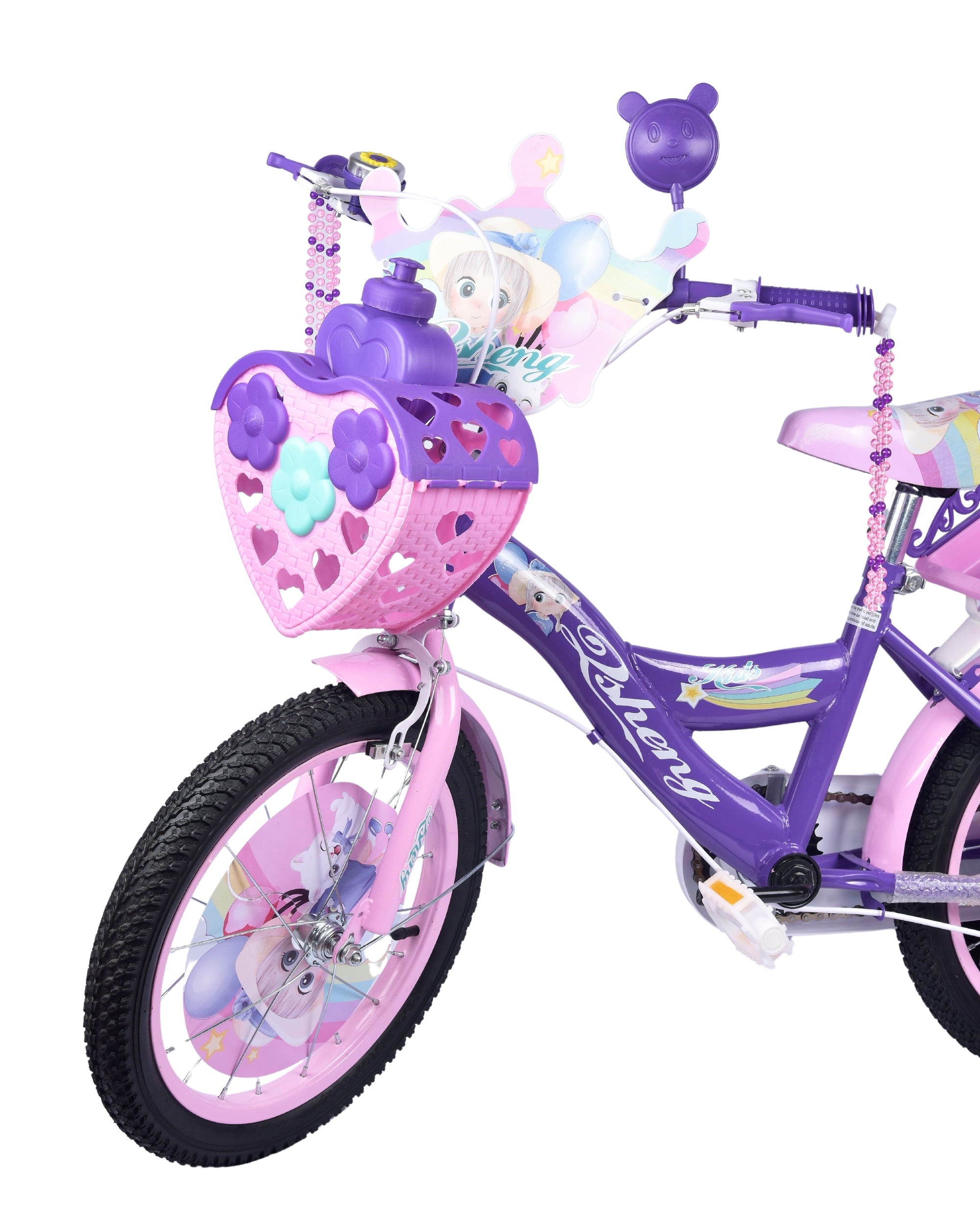 Premsons® Lavender Kids Bicycle with Training Wheels – Girls’ Bike with Heart-Shaped Basket, Rear Doll Seat & Colorful Handlebar Streamers