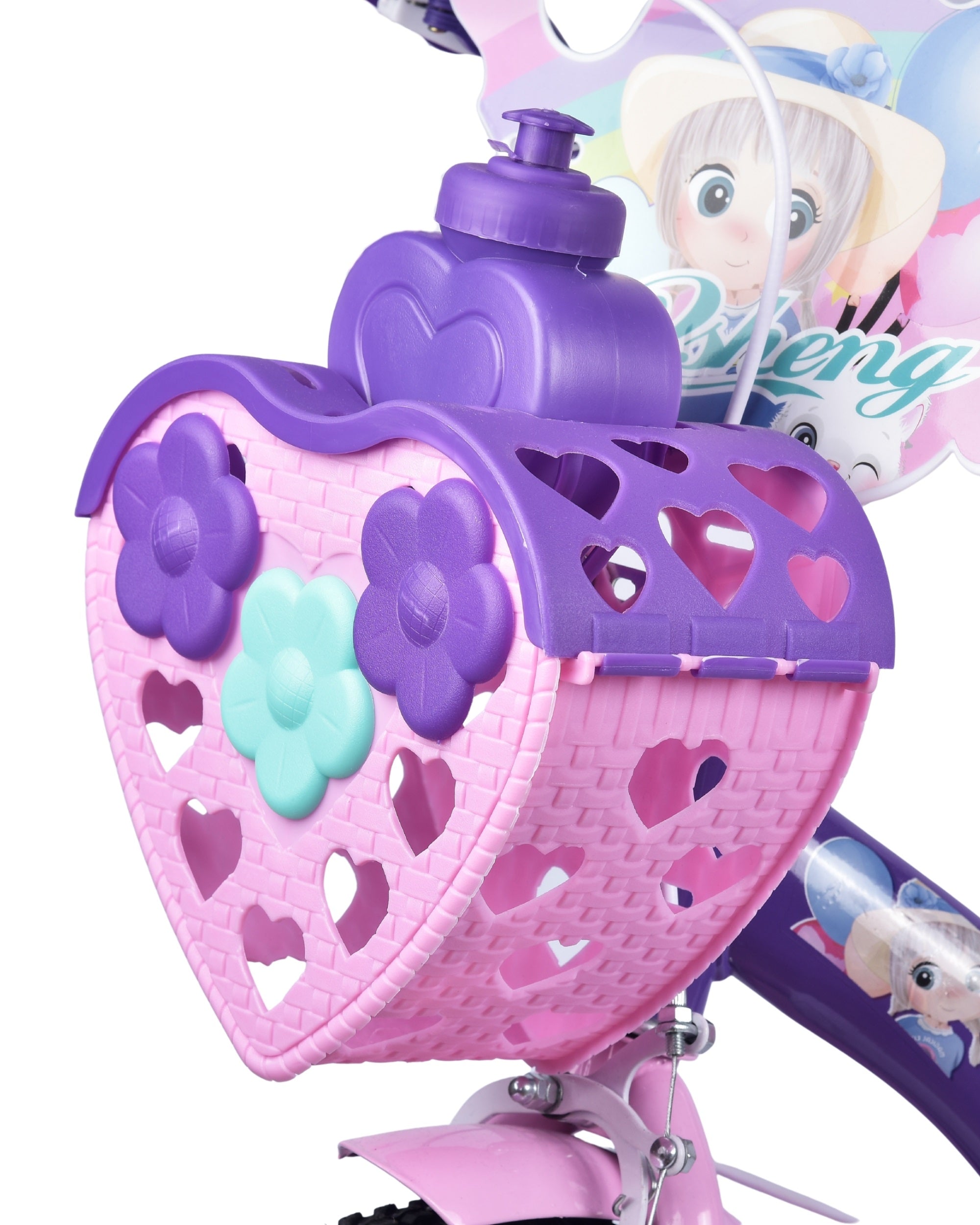 Premsons® Lavender Kids Bicycle with Training Wheels – Girls’ Bike with Heart-Shaped Basket, Rear Doll Seat & Colorful Handlebar Streamers