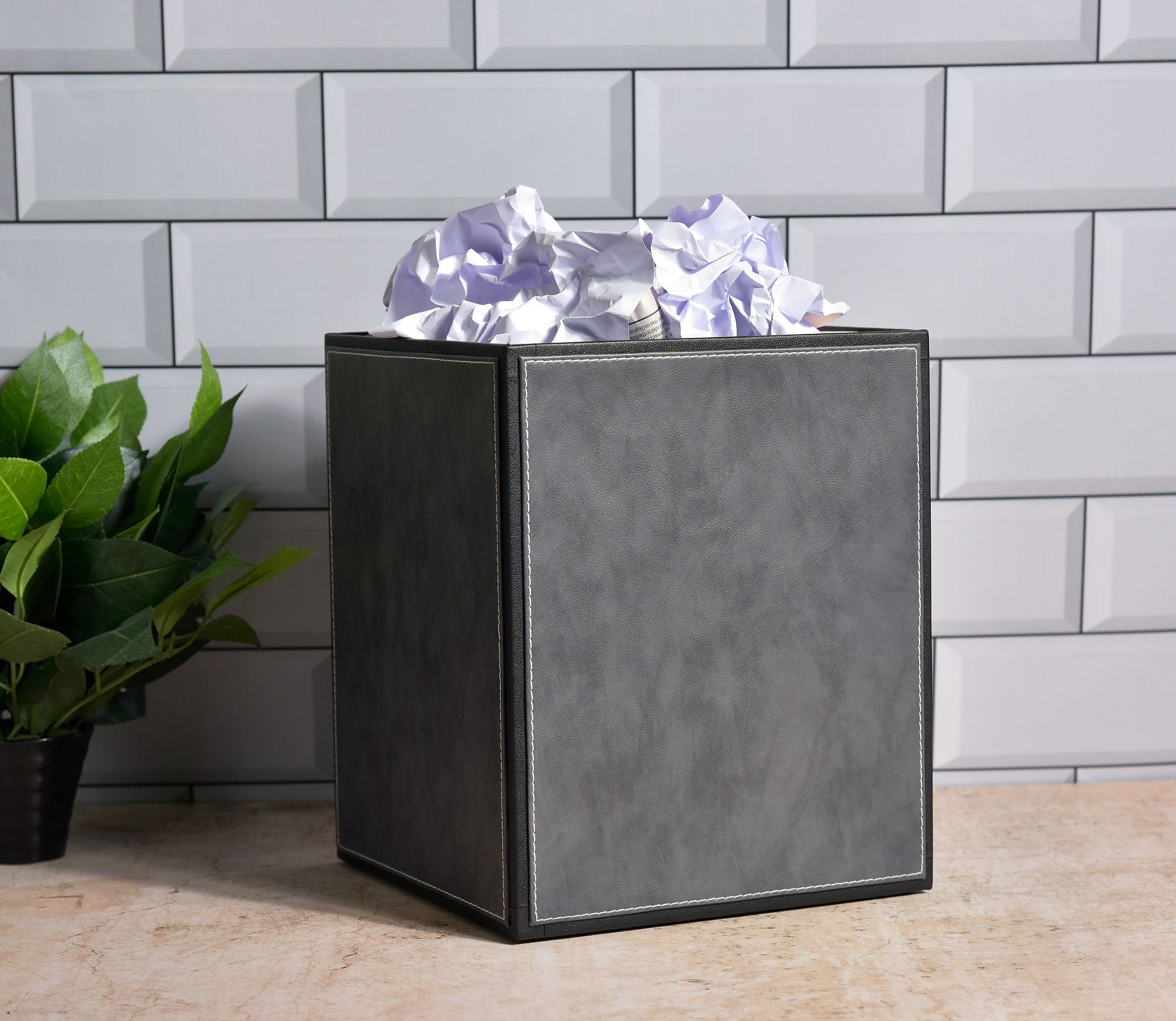Premsons® Faux Leather Dustbin - Stylish & Durable Waste Bin for Home, Office, & Bedroom - Two Tone Square - Grey + Black - 5 Litres